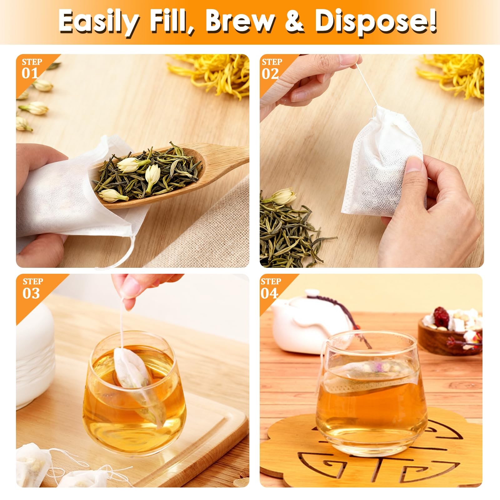 Empty Tea Bags for Loose Leaf Tea, 300pcs Disposable 3.54″ x 2.75″, White
