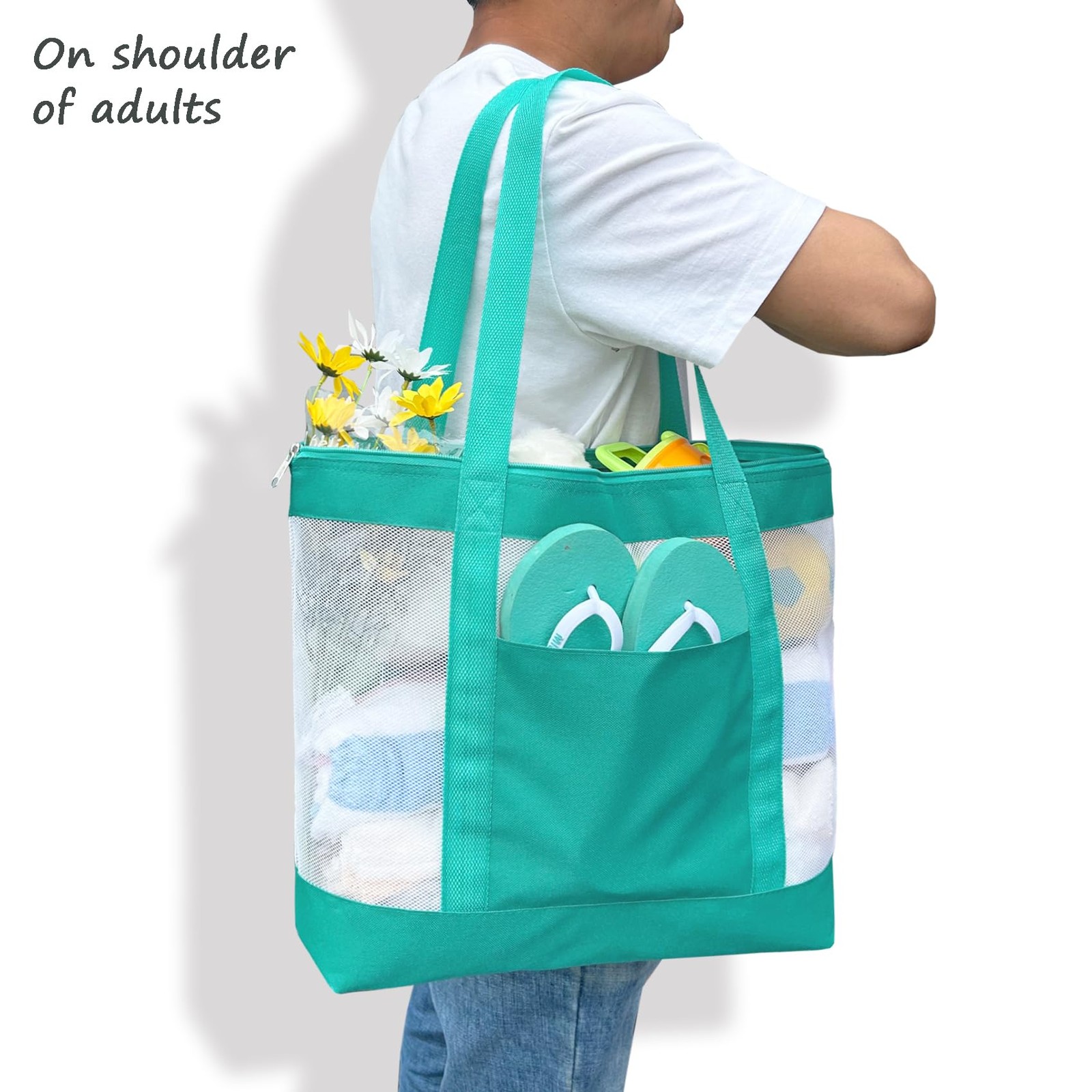 2Pack Lightweight Mesh Tote Bag Sandproof Beach Zipper Double Pocket Travel