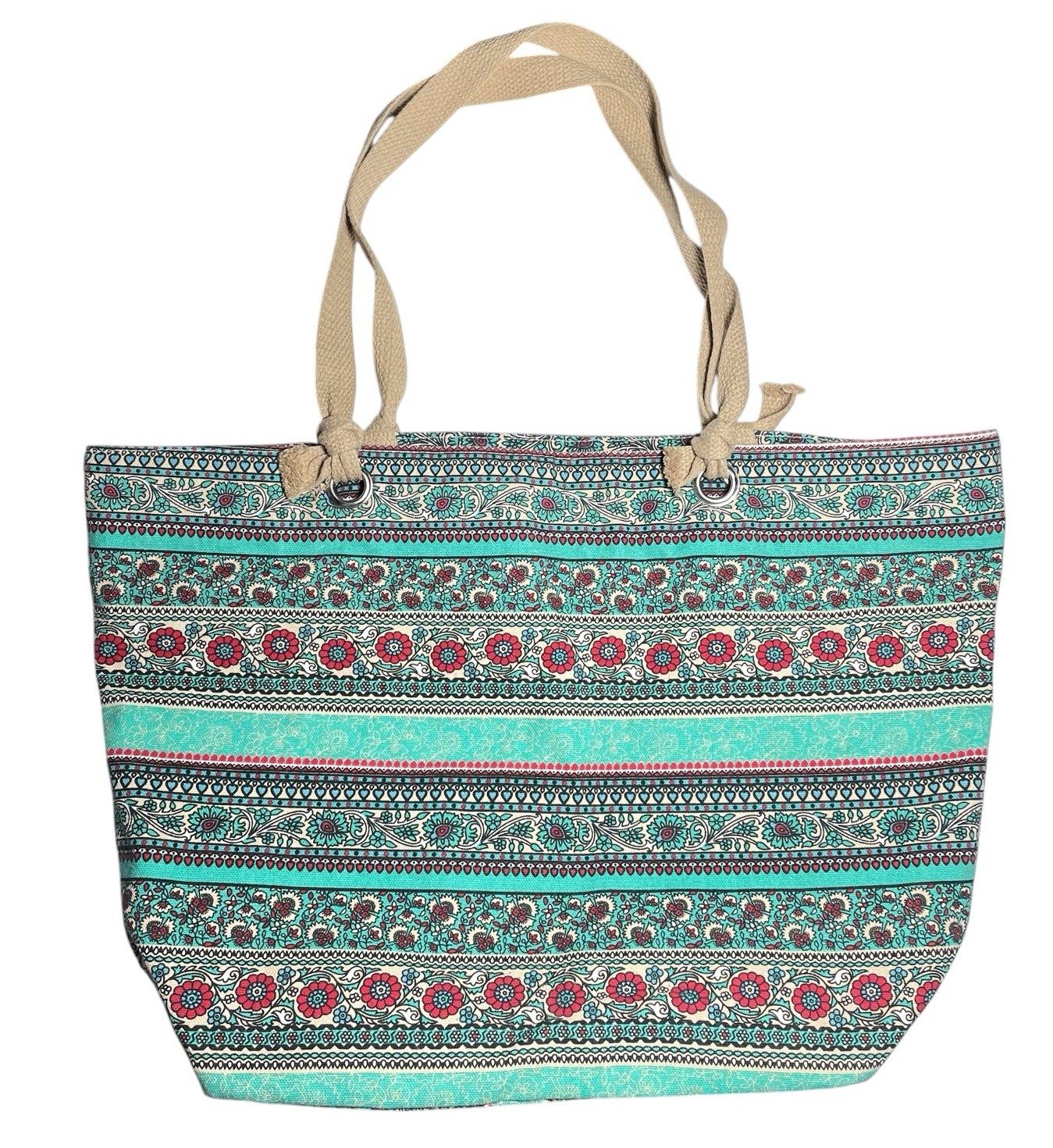 Boho Tote Bag Multicolor Floral w/Blue Ticking Lining Inside Zip Pocket Handles