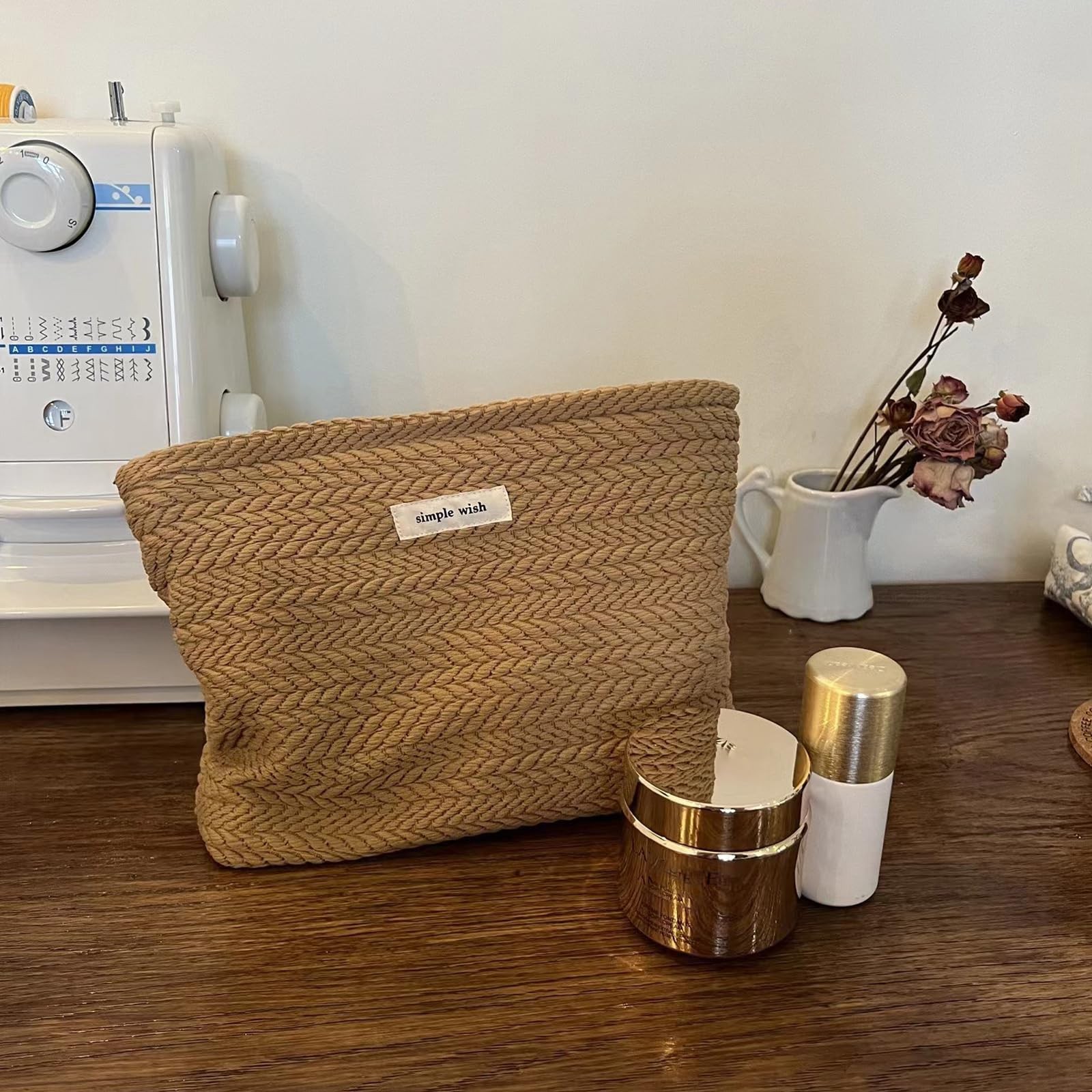 Lestikave Coquette Straw Makeup Bag, Cute Boho Crochet Travel 02Brown
