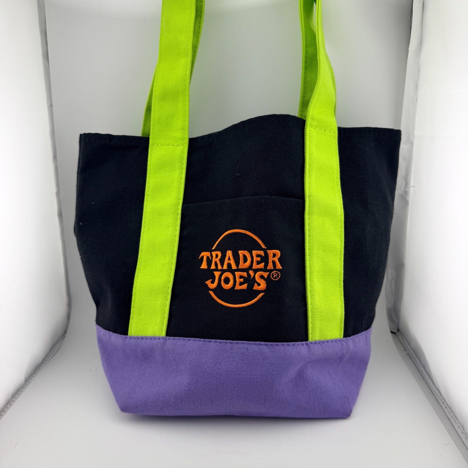 Trader Joe’s Halloween Mini Canvas Tote Black w/green Straps, Purple, w/tags