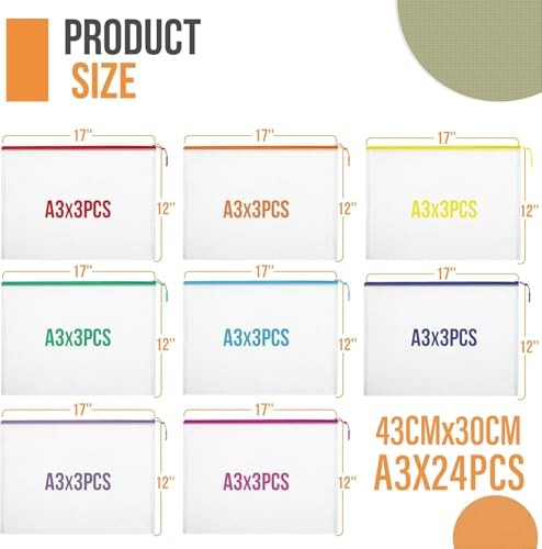 24pcs Mesh Zipper Pouch File Bags Puzzle Storage Bags 17×12 Inches A3 8 Colors