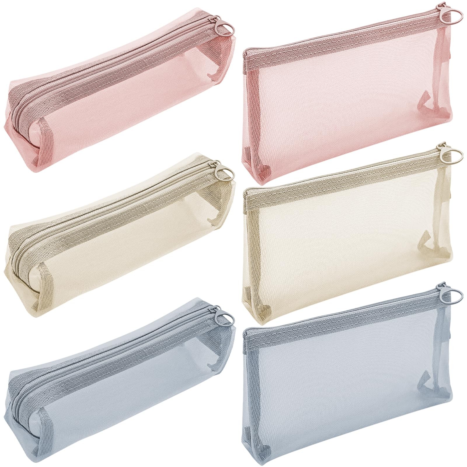 6Pcs Mesh Makeup Brush Bag Zipper Pouch Bags Portable gray, pink, yellow