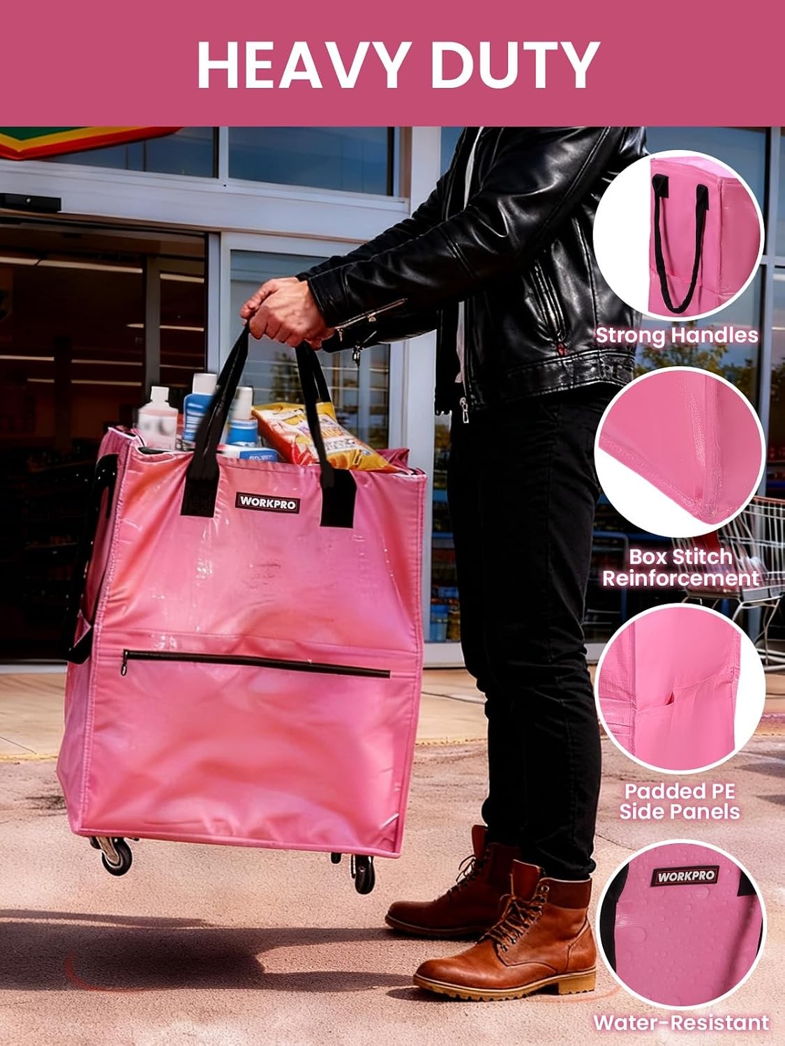 Heavy Duty Reusable Grocery Bag on Wheels Pink Medium Size Rolling Shopping