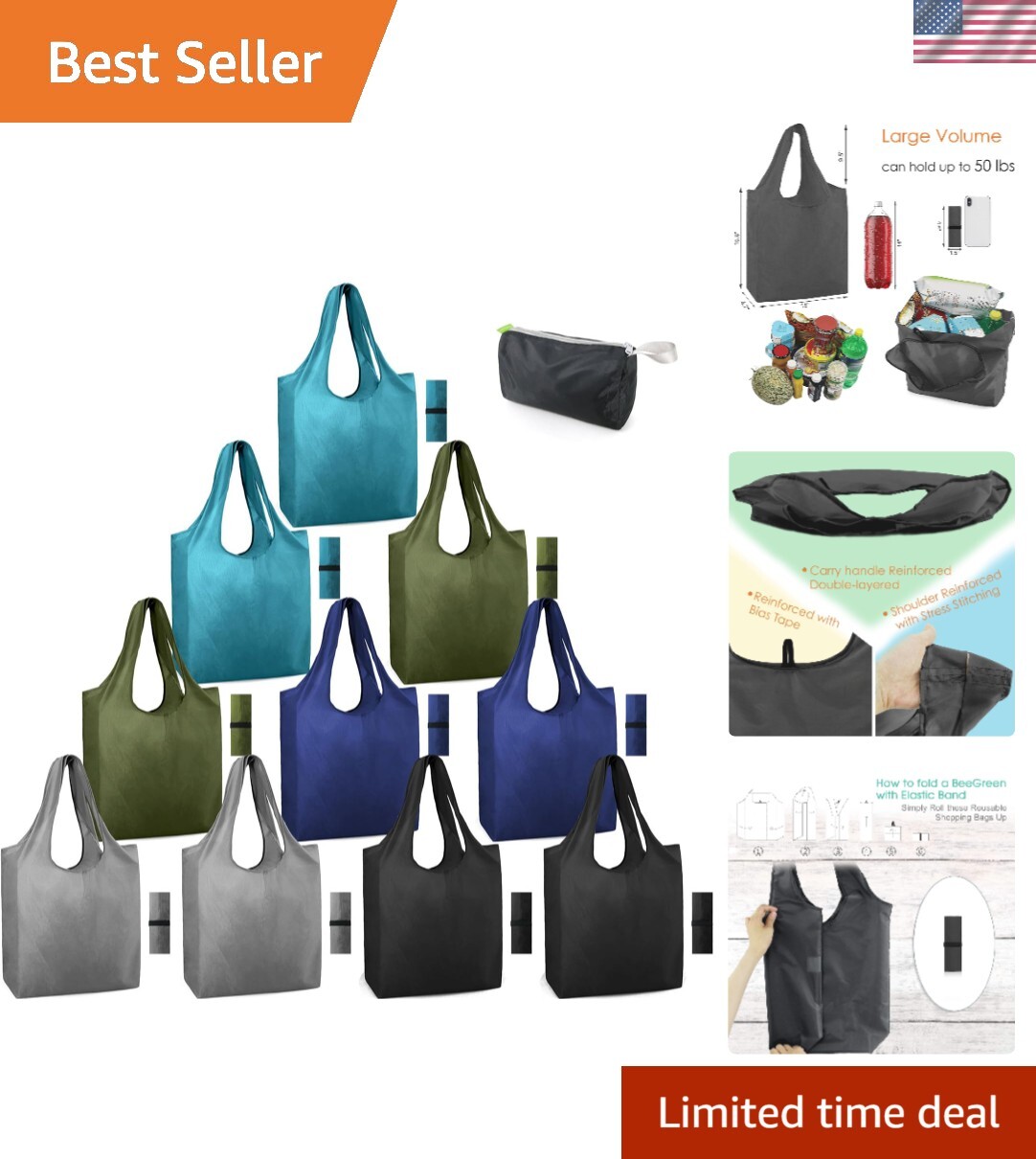 10 Pack of Eco-Friendly Reusable Grocery Bags – X-Large & Machine Washable