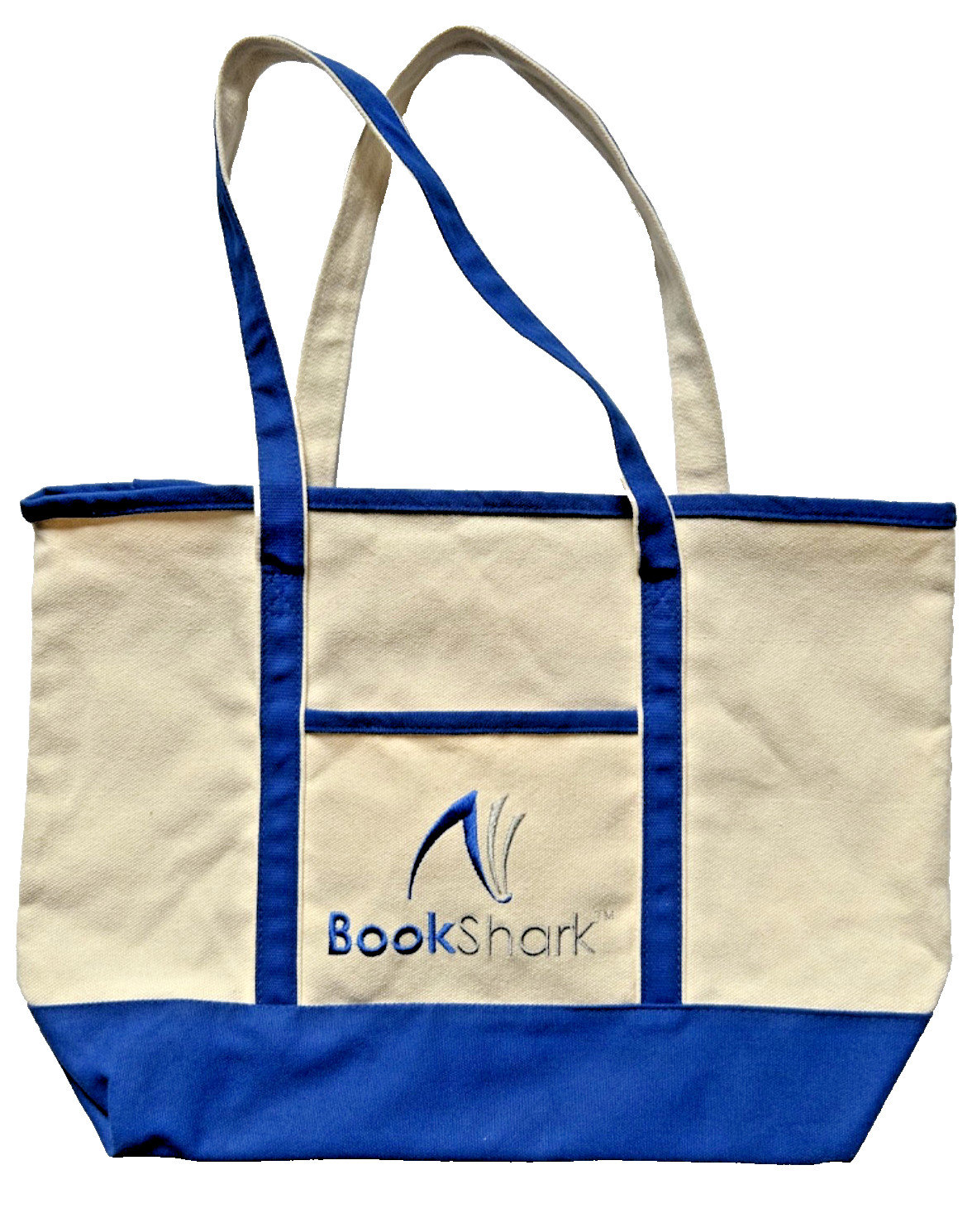 “Book Shark” Natural/Blue Canvas Bag Cloth Shopping Tote Reusable Back to School