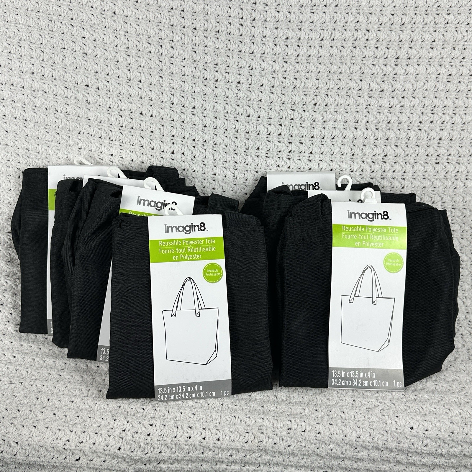 Lot of 7 Imagin8 Black Reusable Polyester Tote Bags 13.5-inch size