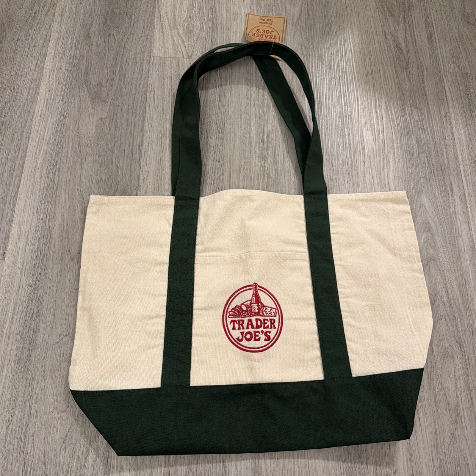 Trader Joe’s Green and Cream Large Canvas Tote Bag New with Tags