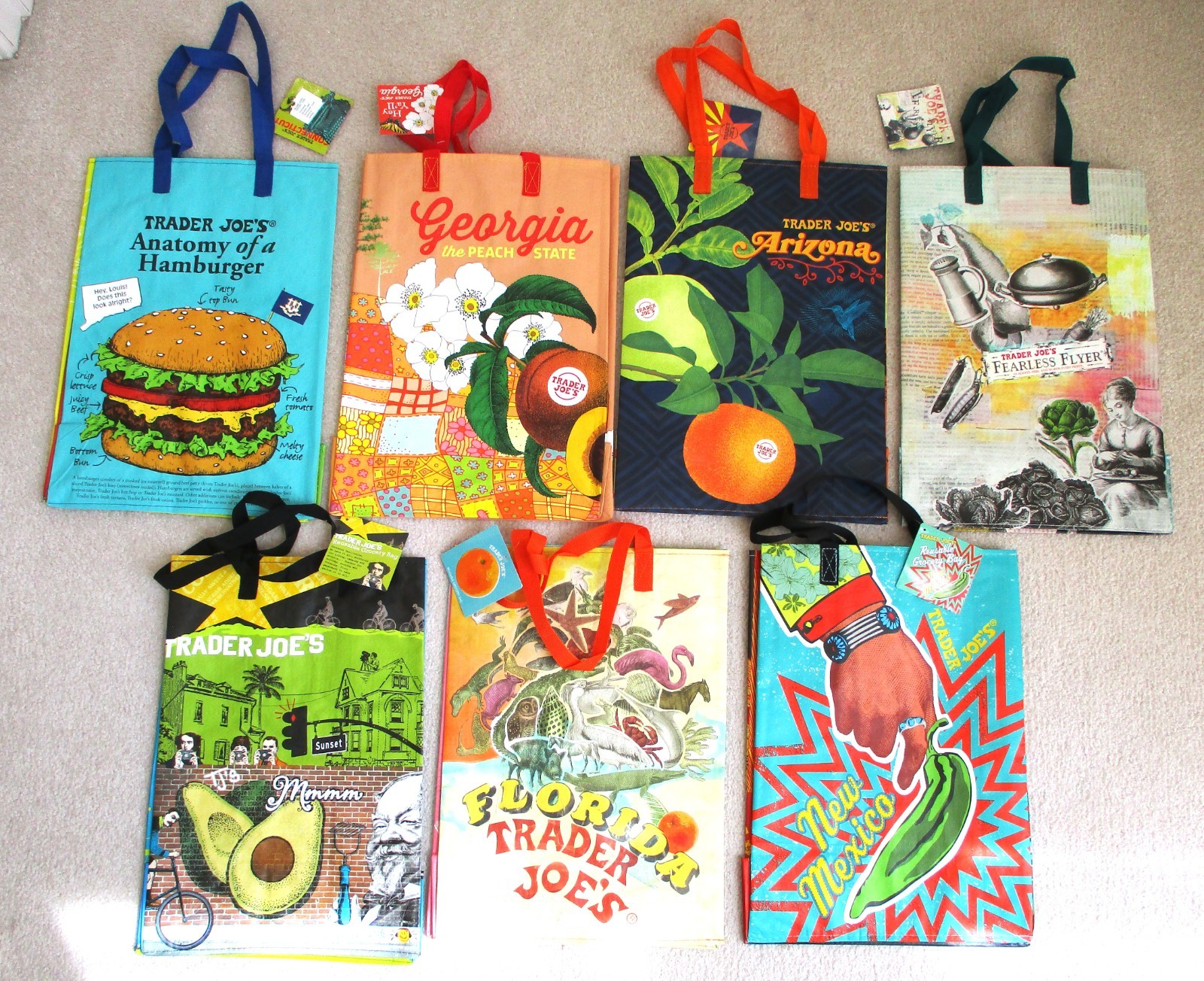 7 NEW Trader Joe’s SHOPPING BAGS Georgia Arizona California Florida New Mexico