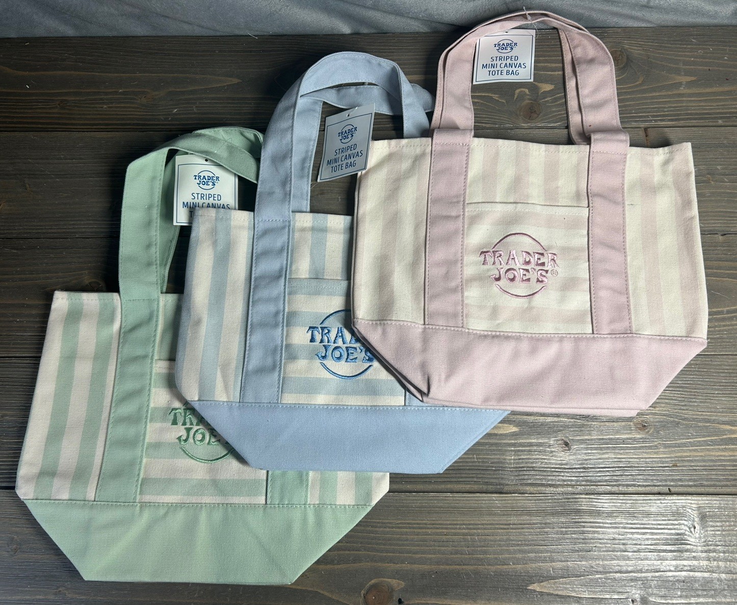 Trader Joe’s Striped Mini Canvas Tote Bag Set, 3-Pack Blue Green Pink NWT