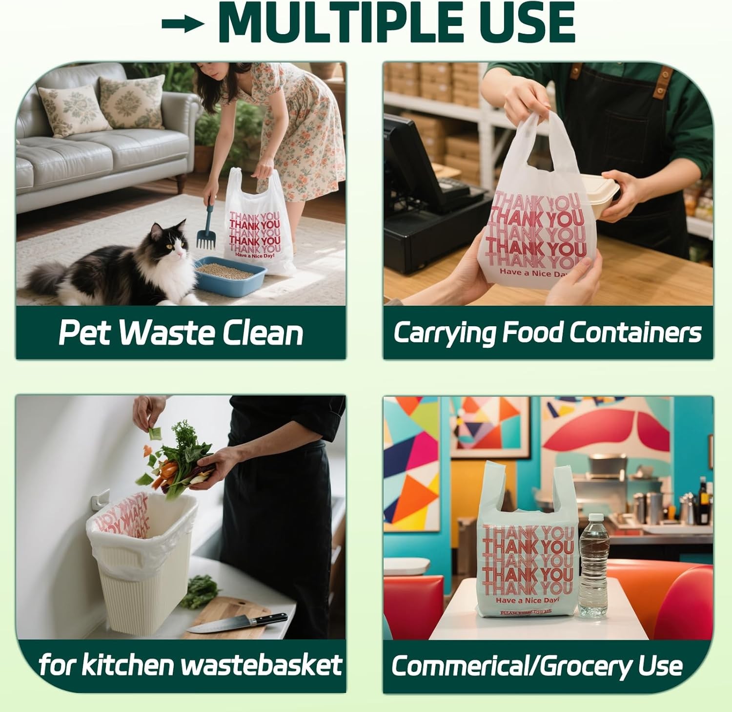 Medium Size 100 Count Plastic Bags with Handles, T-Shirt Bags, Thank You bags,