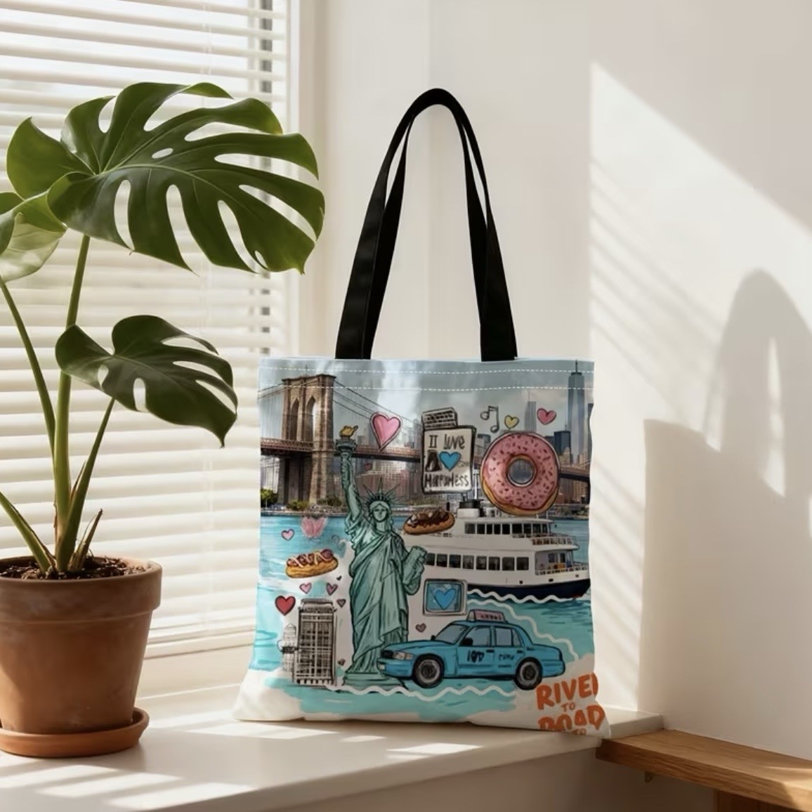 1pc Double-Sided 2D Flat Printing Shopping Tote Bag, New York City Skyline