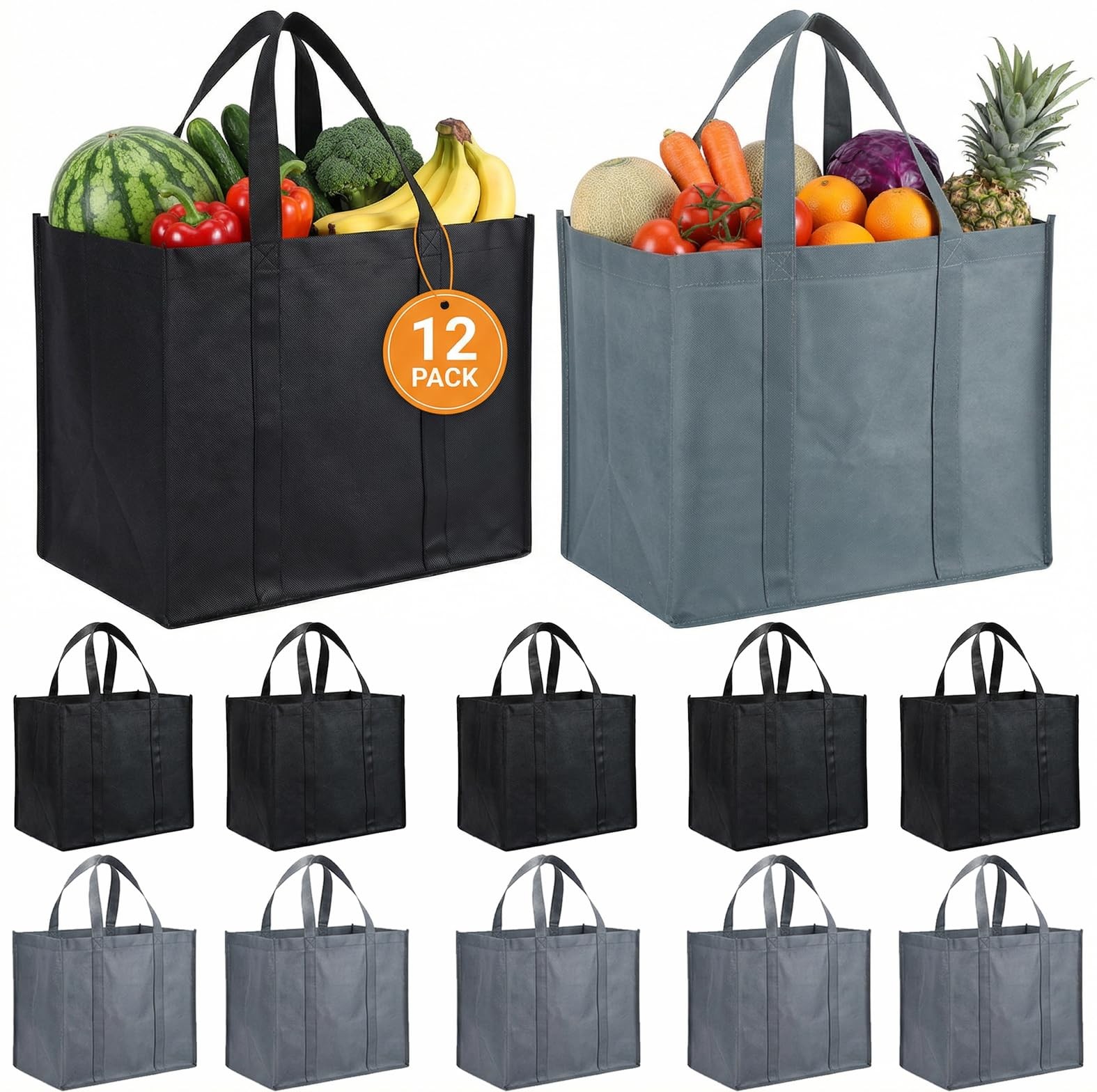 PUREZON 12 Pack Reusable Grocery Bags, Large Foldable Shopping Gray, White