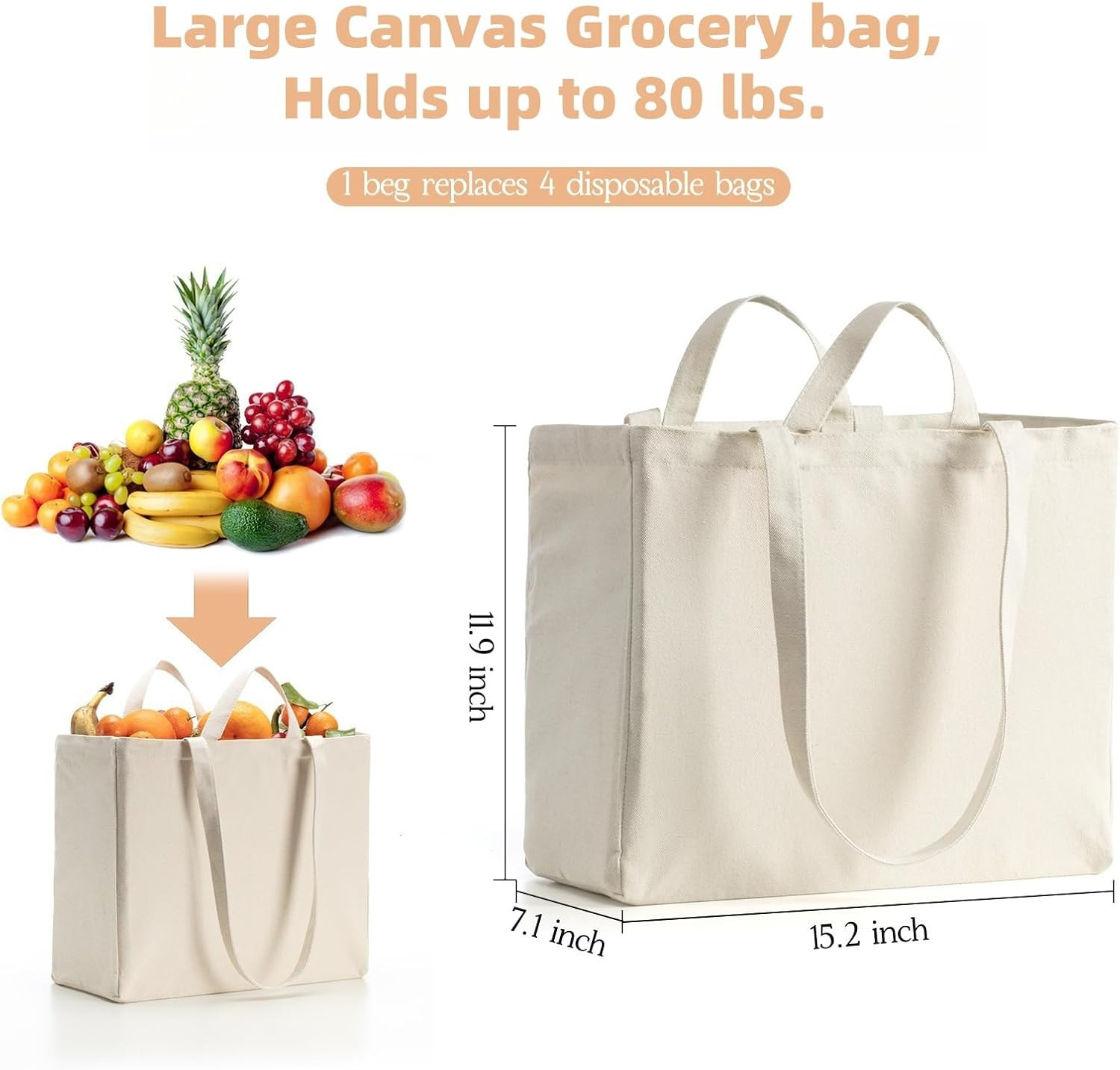 Canvas Tote Bag Reusable Grocery Bags with Long Shoulder Strap and Short Handle