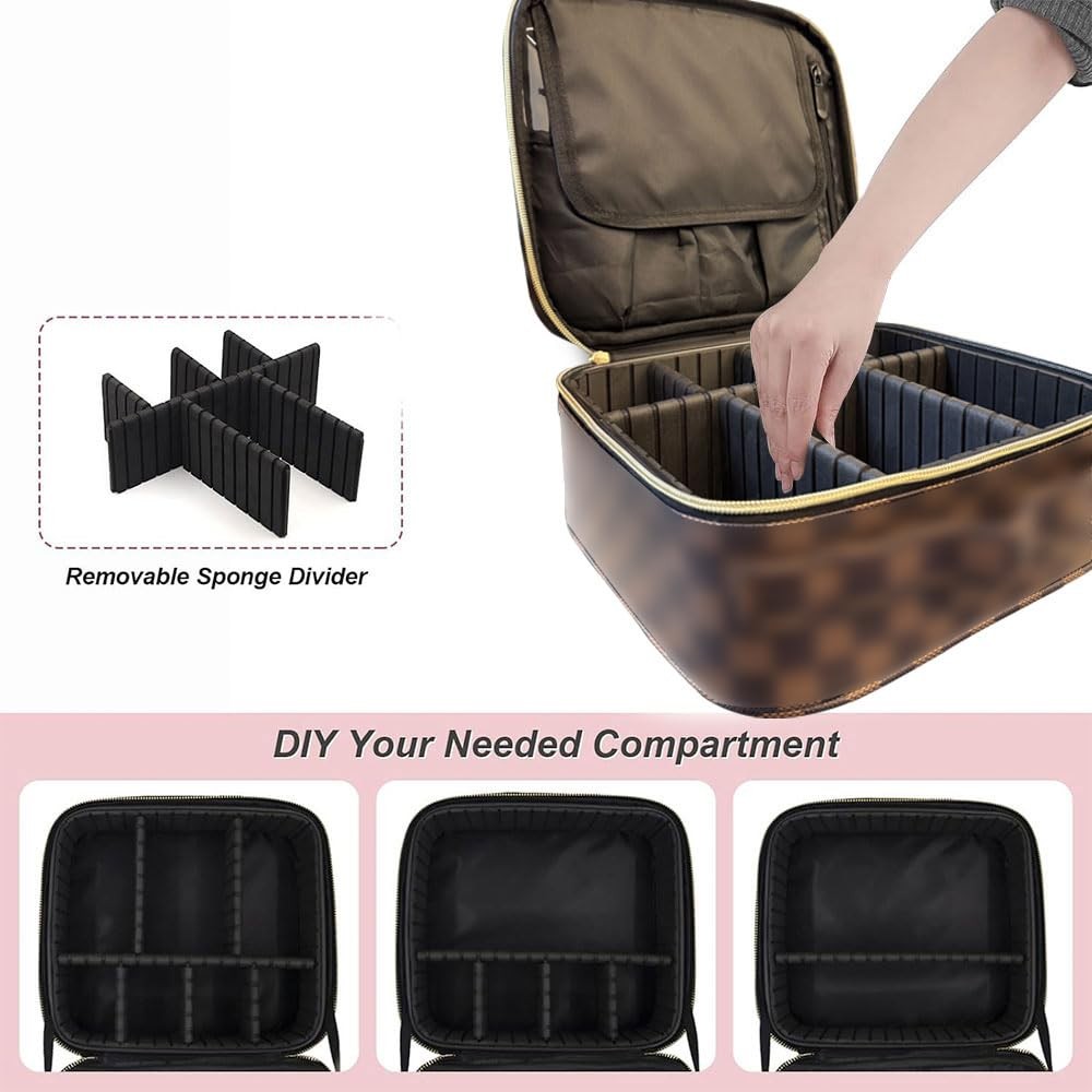 WANNES Brown Checkered Makeup Bag Organizer Travel makeup bag
