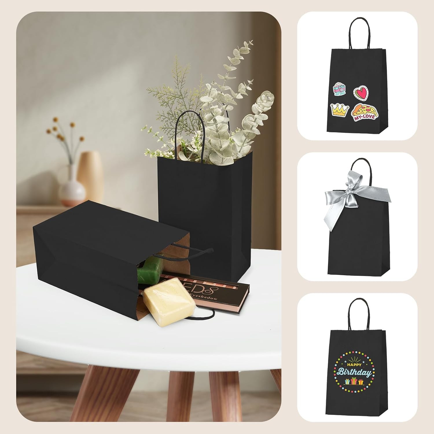 Black Paper Bags 5.25×3.75×8 Inch 20pcs Small Paper Kraft with Handles