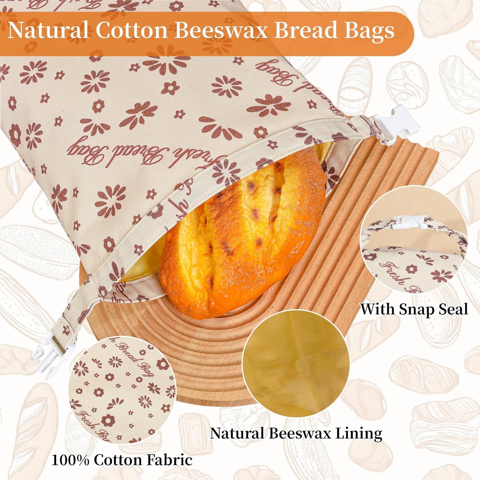 KONGDY 2 Packs Reusable Beeswax Bread Bags, Cotton 12in x 17in, brown, beige