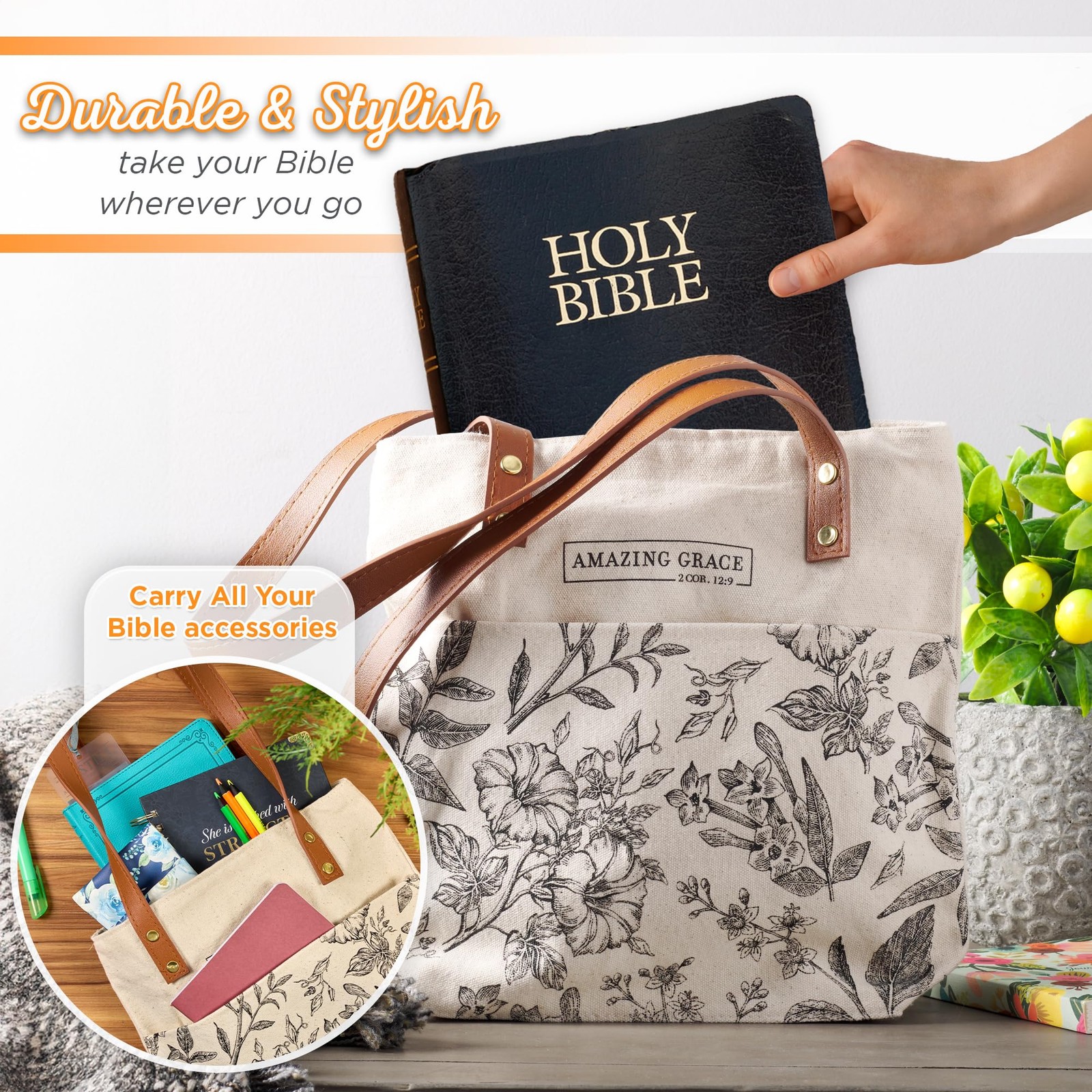 Canvas Floral Tote Bag for : Amazing Grace Inspirational Scripture for Shoppi…