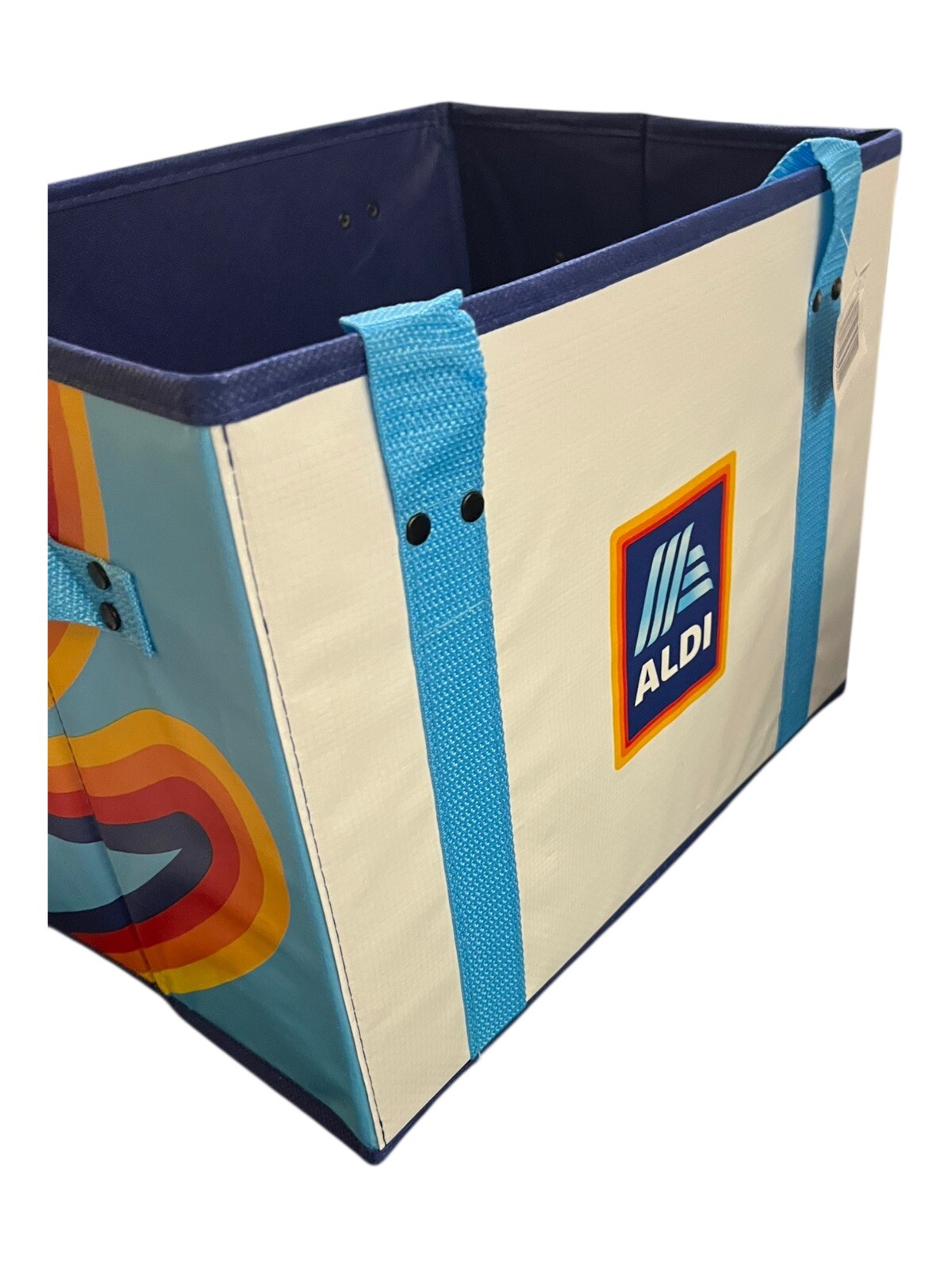 2 ALDI Collapsible Box Bags 14x11x10 Blue / White / Rainbow