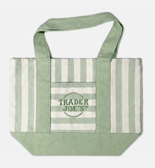Trader Joe’s 💚 SET OF 2 MINI CANVAS TOTE BAGS Green & Pale Pink Striped LIMITED