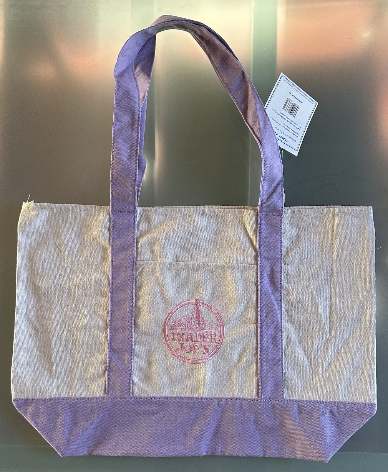 Trader Joe’s Large Pastel Purple Lavender Canvas Reusable Tote Bag Pink Logo