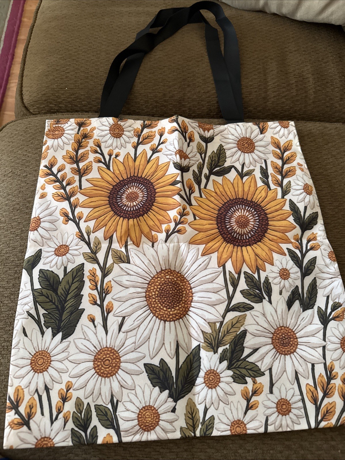 Sunflower Printing On Double Sides Polyester Tote Bag W/double Handles