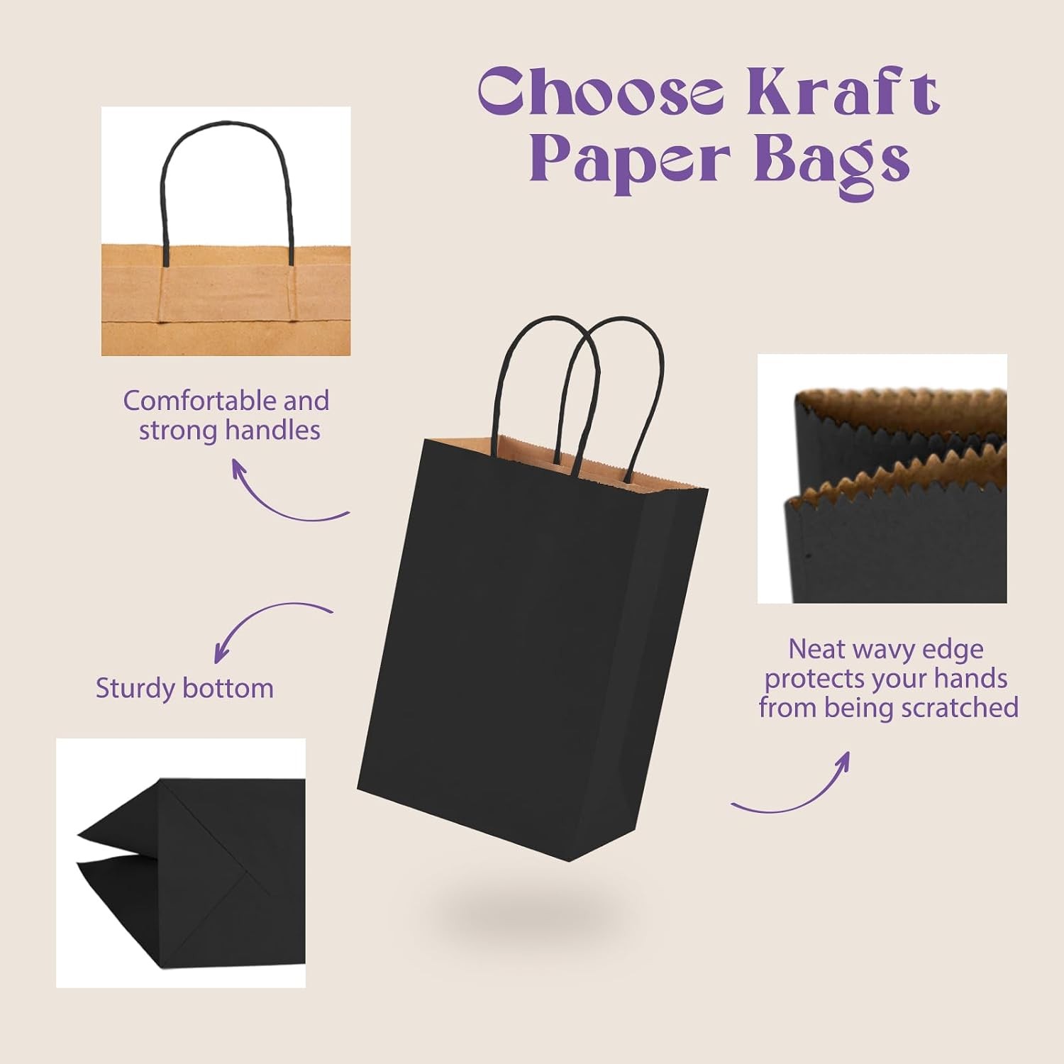 Black Paper Bags 5.25×3.75×8 Inch 20pcs Small Paper Kraft with Handles