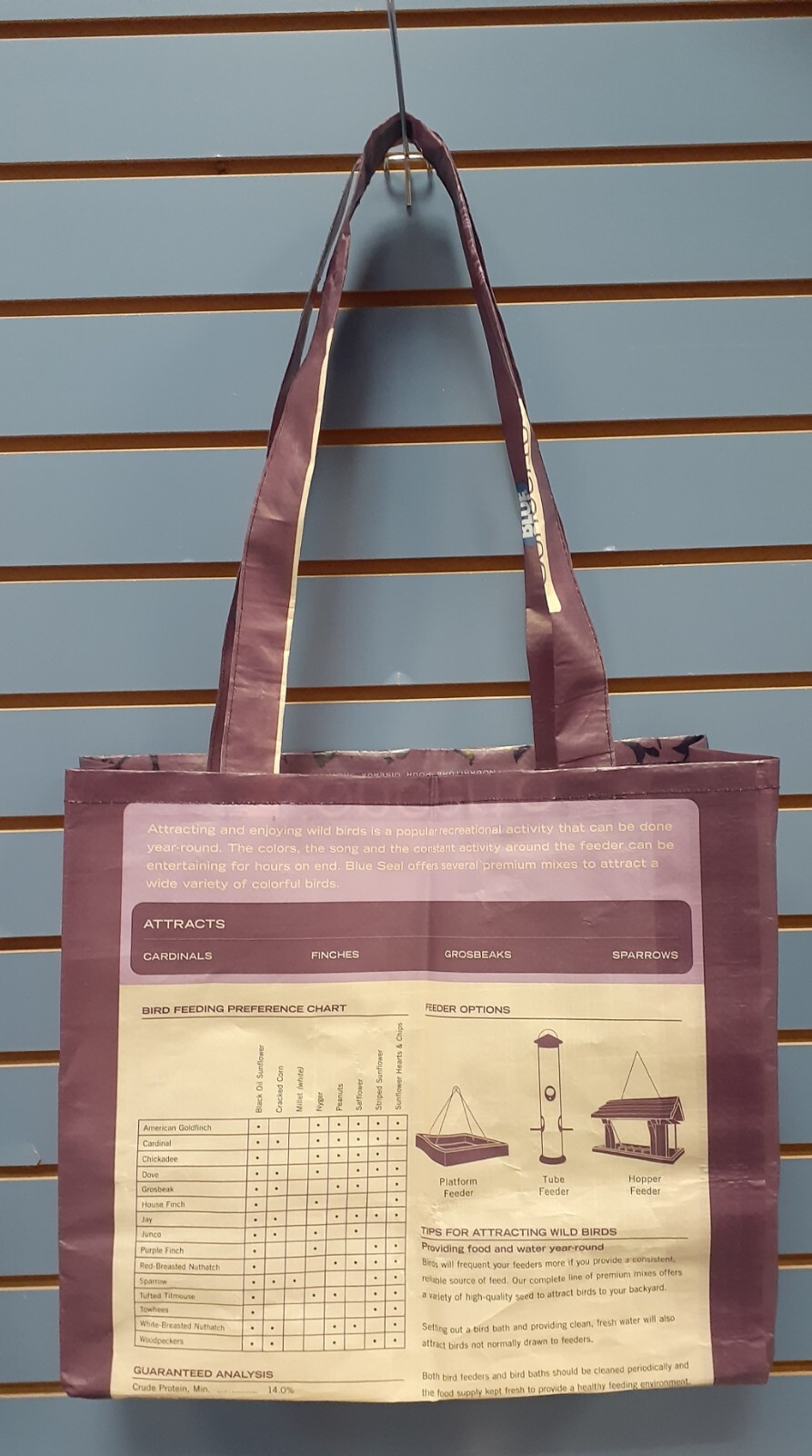 Blue Seal Bird Purple Tote Reusable, Upcycled, Recycled, Repurposed (Feed Bags)