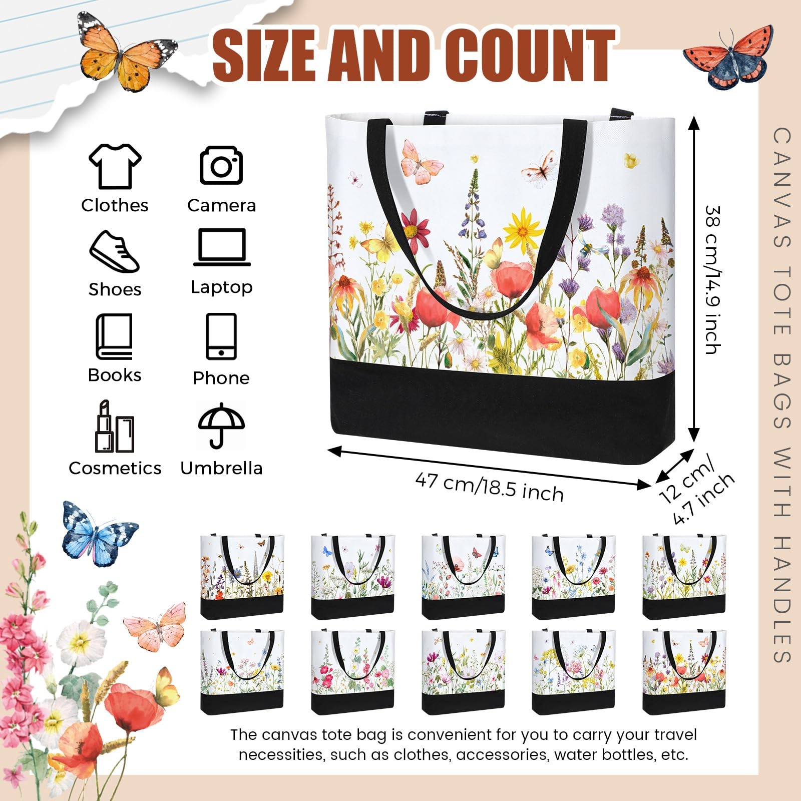10 Pcs Wildflower Canvas Tote Bag Bulk Large Book Lovers Floral Gift Tote 18….