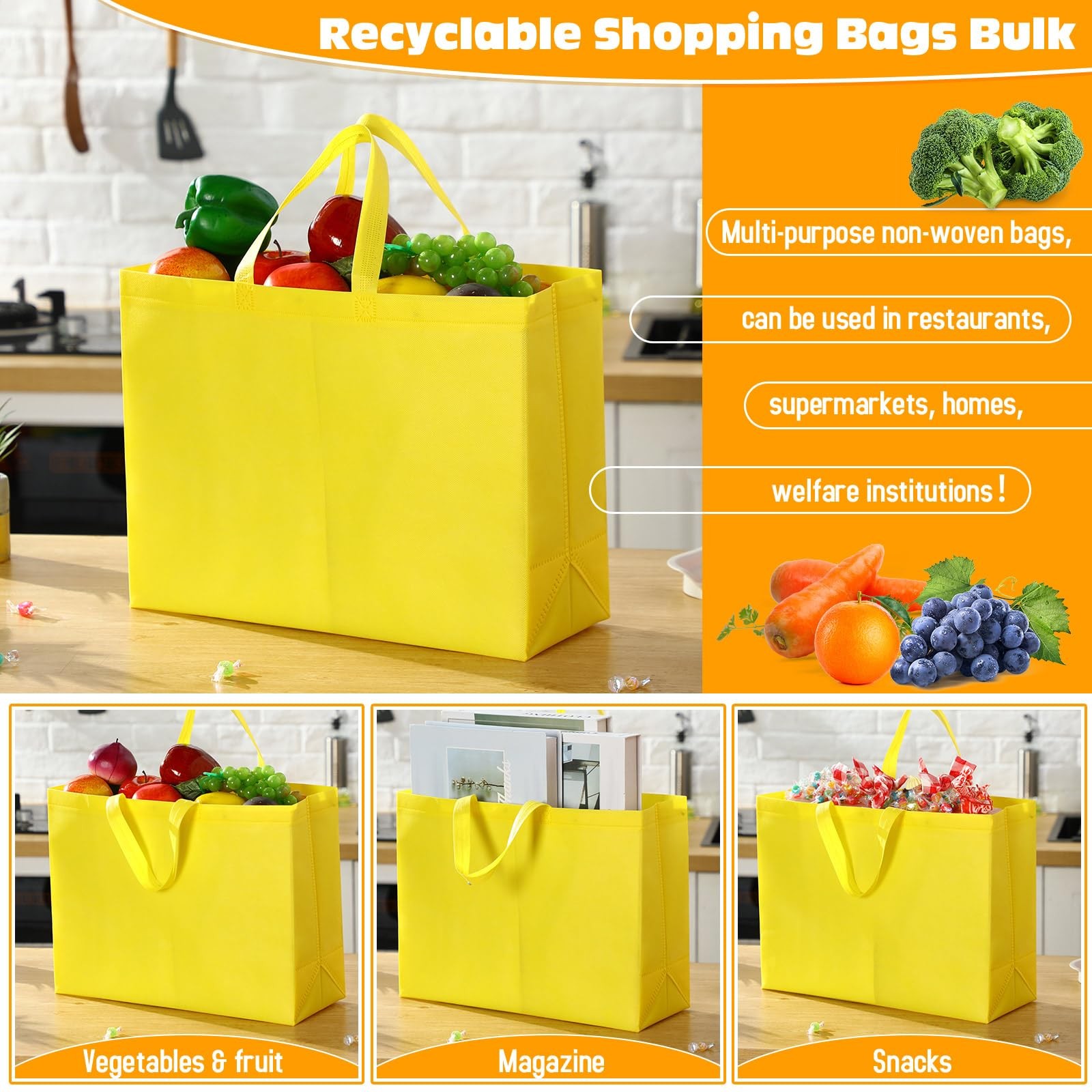Reusable Grocery Bags Large Non Woven Foldable Portable Tote 16x6x12 Inch