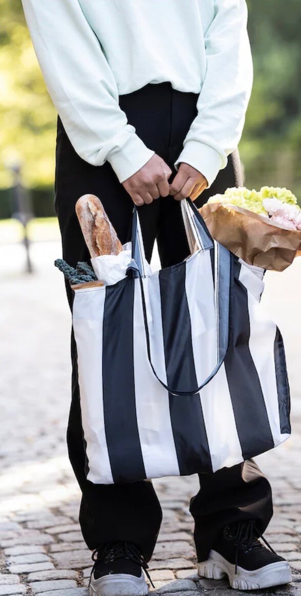 IKEA SKYNKE Black And White Stripped Folds Into It’s Pocket Shopping Tote Bag