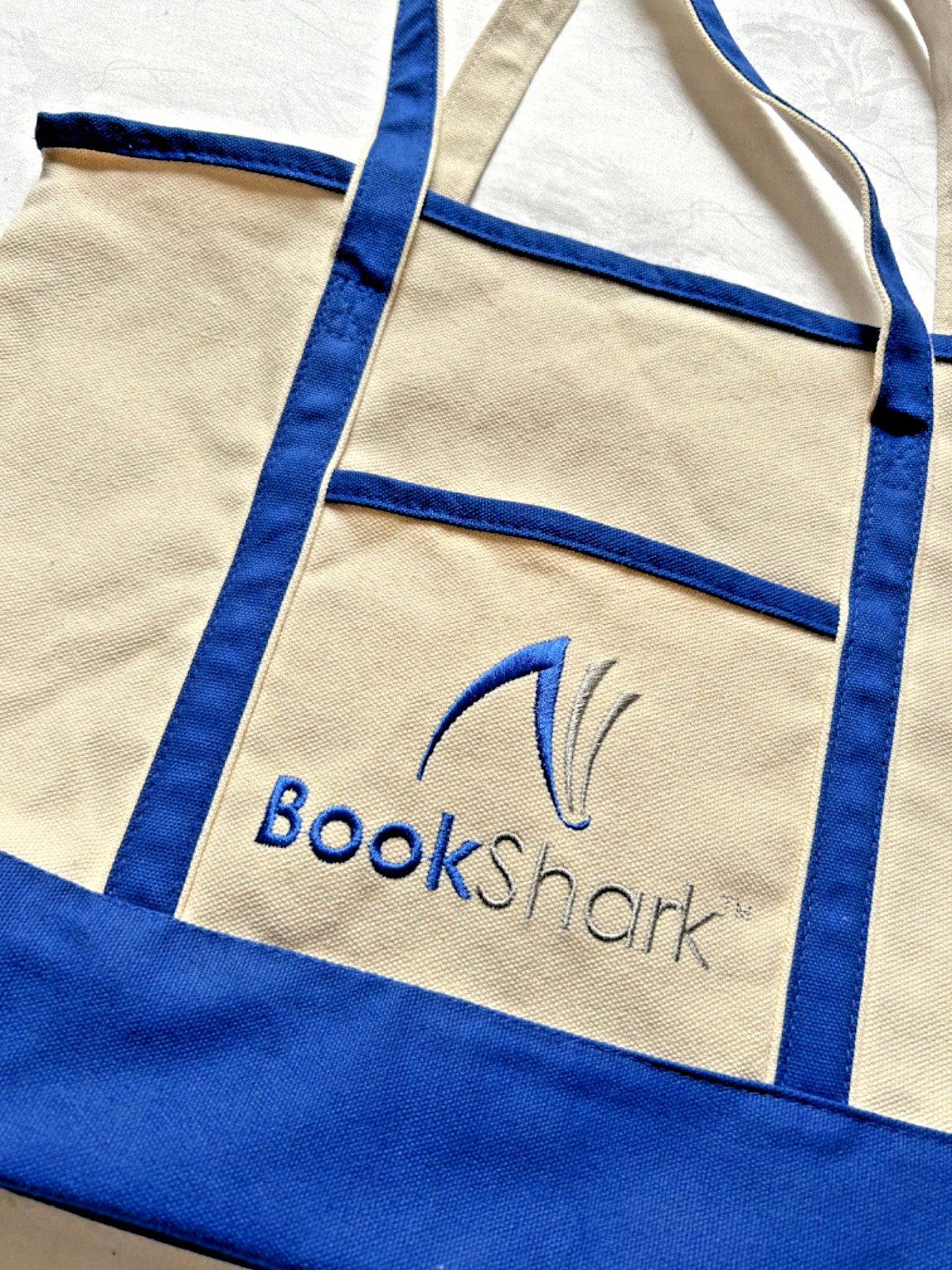 “Book Shark” Natural/Blue Canvas Bag Cloth Shopping Tote Reusable Back to School