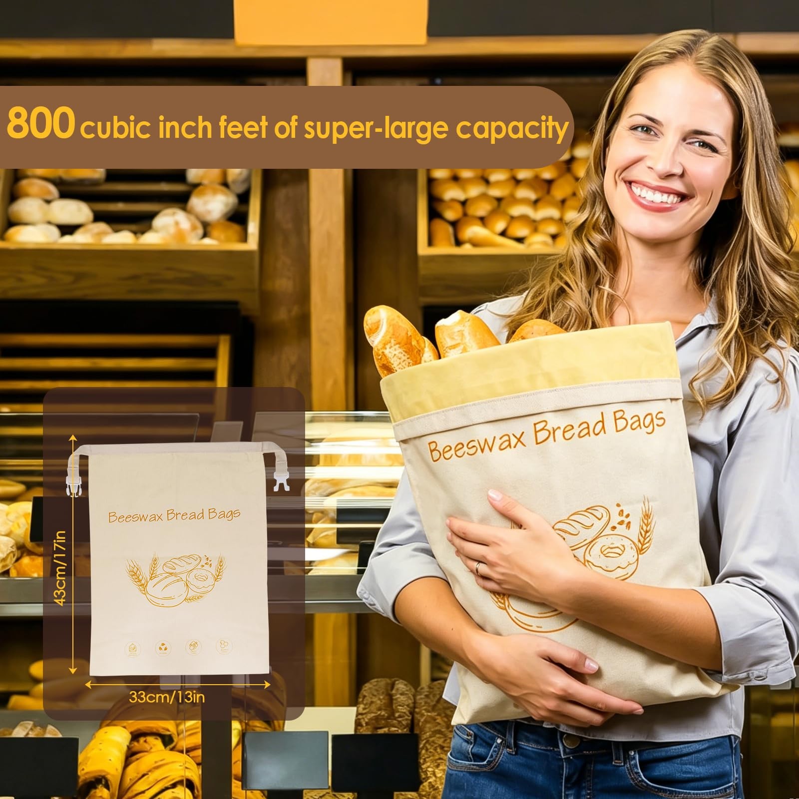 2-Pack Reusable Beeswax Bread Bags – Large 17×13 Inch for 13×17 inches, Grey