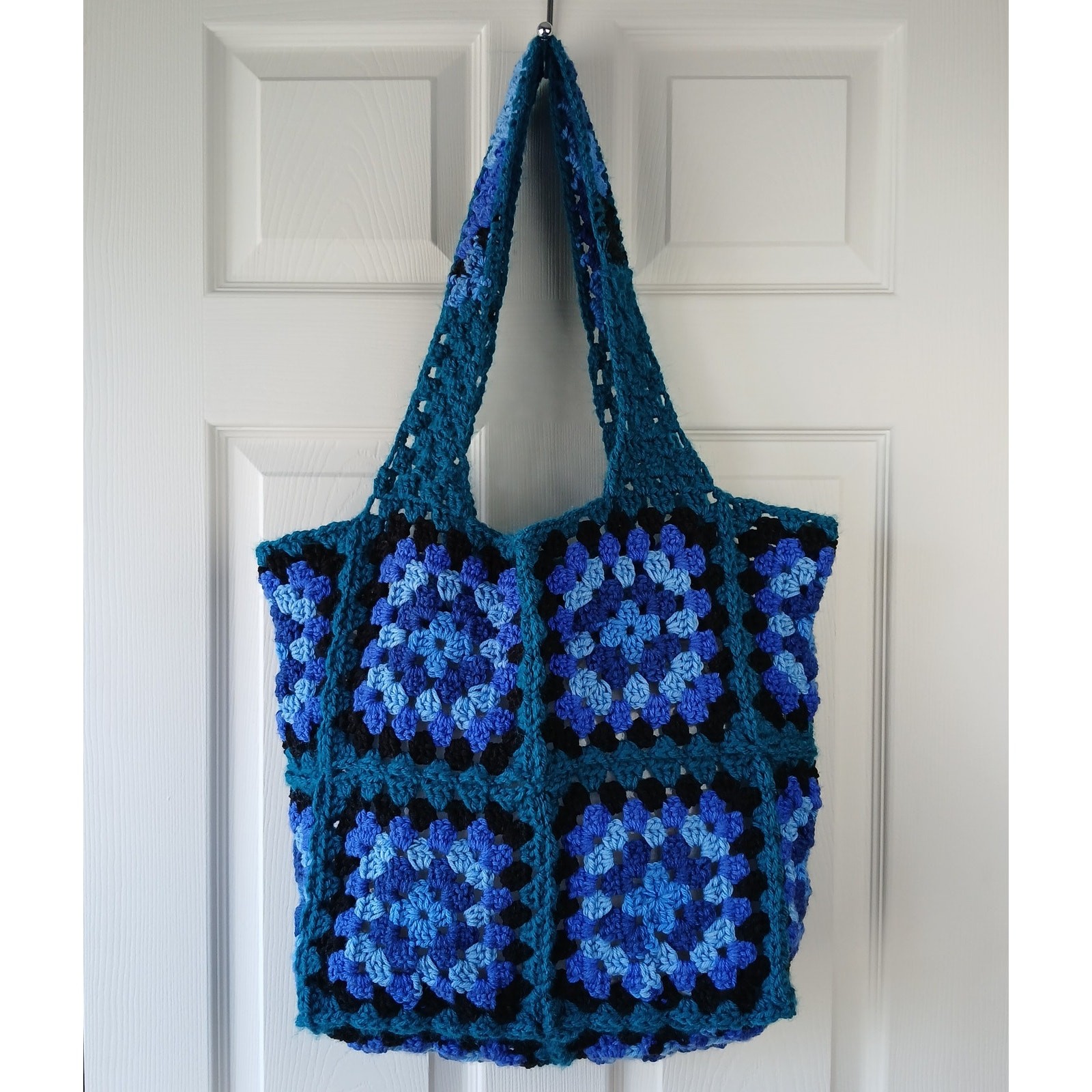 Granny Square Tote Bag Beach Bag reusable grocery sack blue teal black handmade