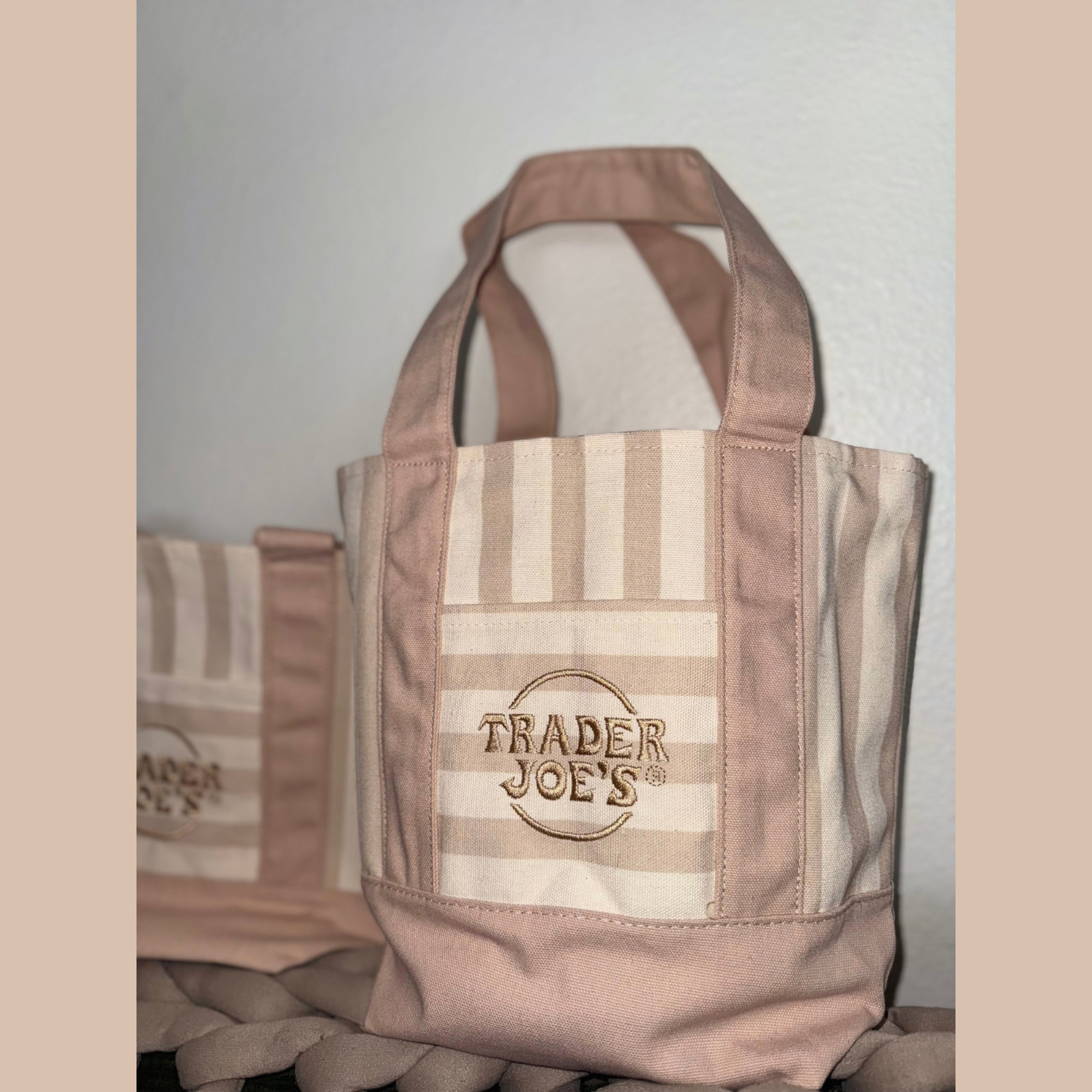 Trader Joe’s Mini Canvas Tote Bag Tan Beige Pastel Striped Reusable Shopping Bag