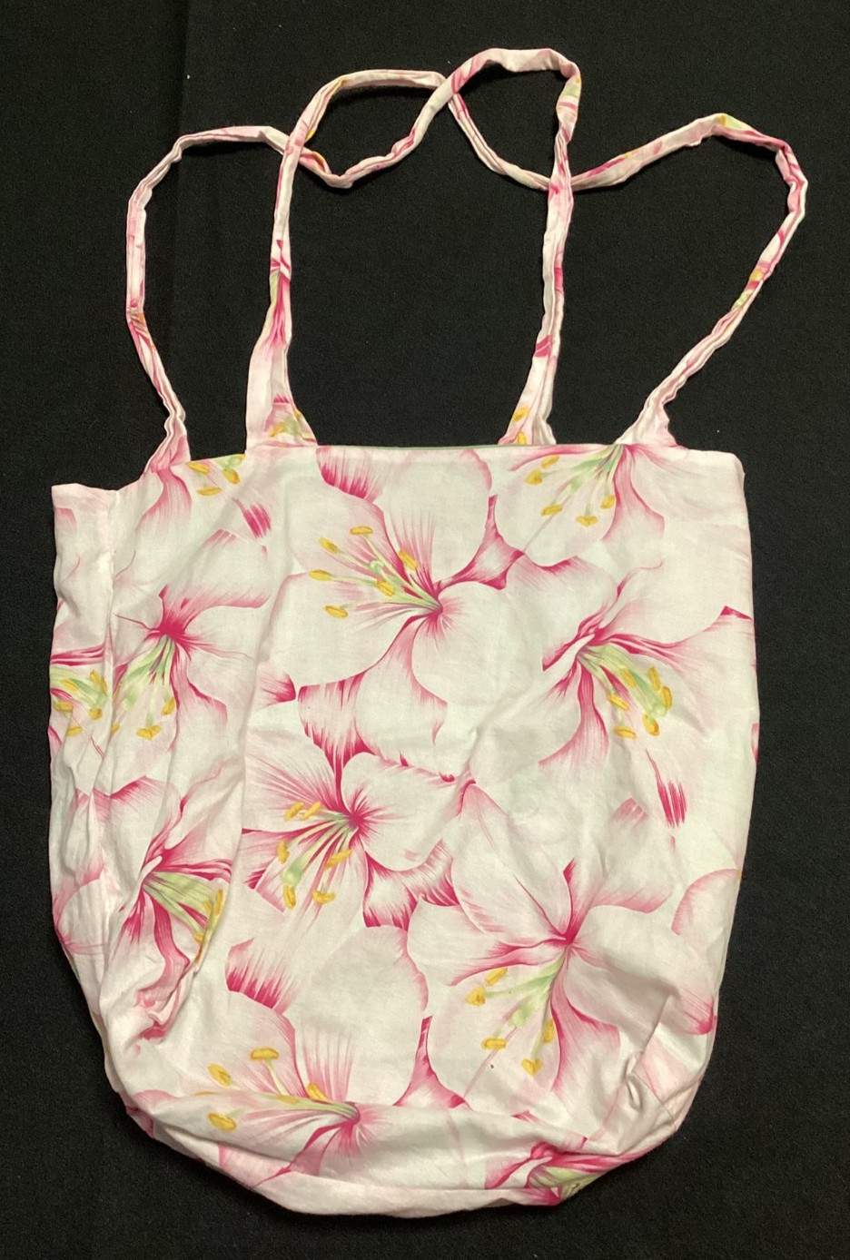 White Pink Hibiscous Flower Reversible Green Floral Fabric Bag 16″ Reusable