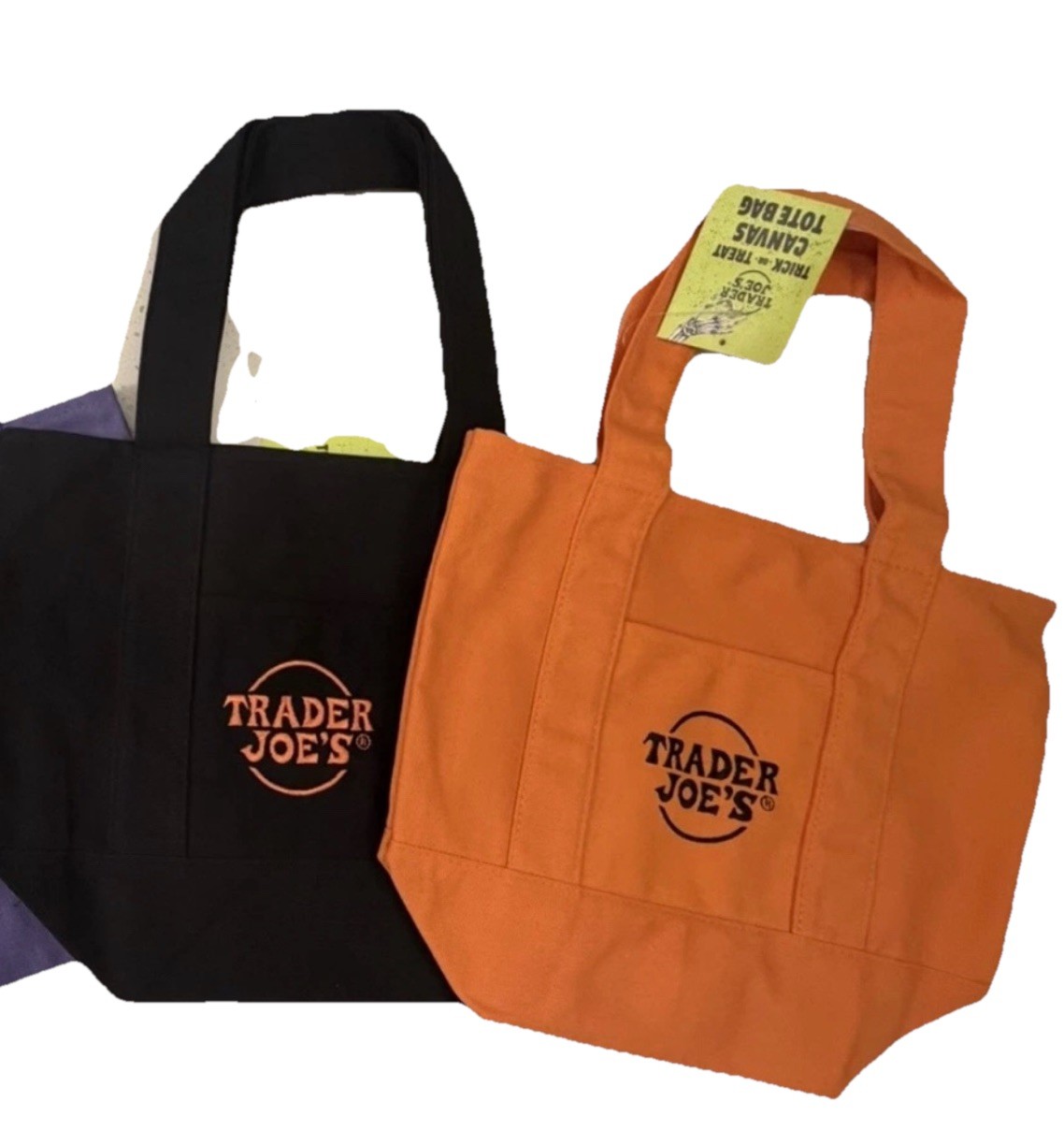 Trader Joe’s Mini Tote Set Of 2-Black & Orange Reusable Canvas Shopping Bags NEW