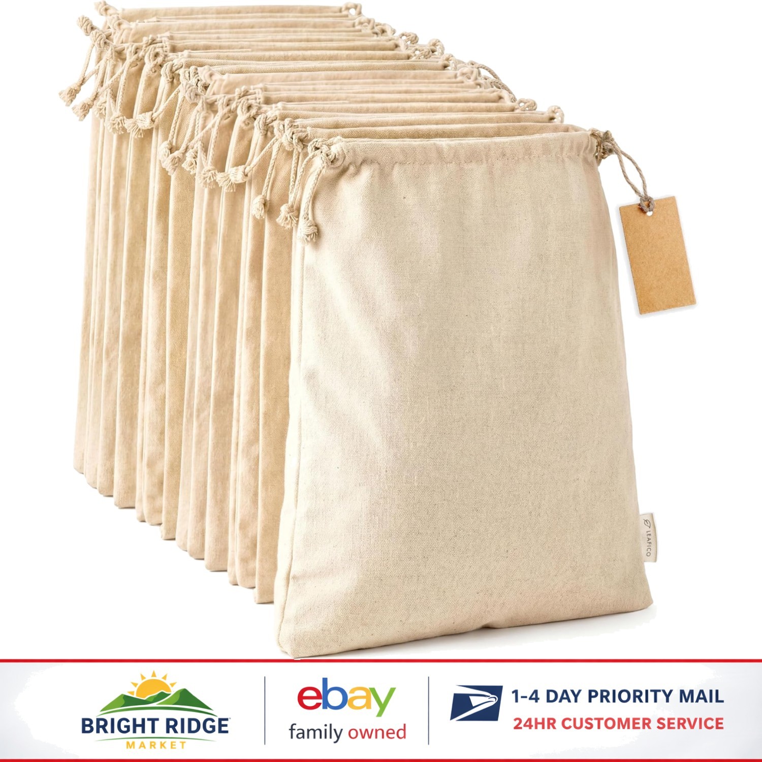 Large Eco-Friendly Cotton Produce Bags, 10×12 Drawstring Pouches for Essentials