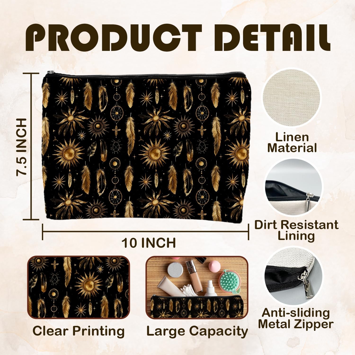 FWSFD Boho Black and Gold Full coverage of retro black-gold suns feathers