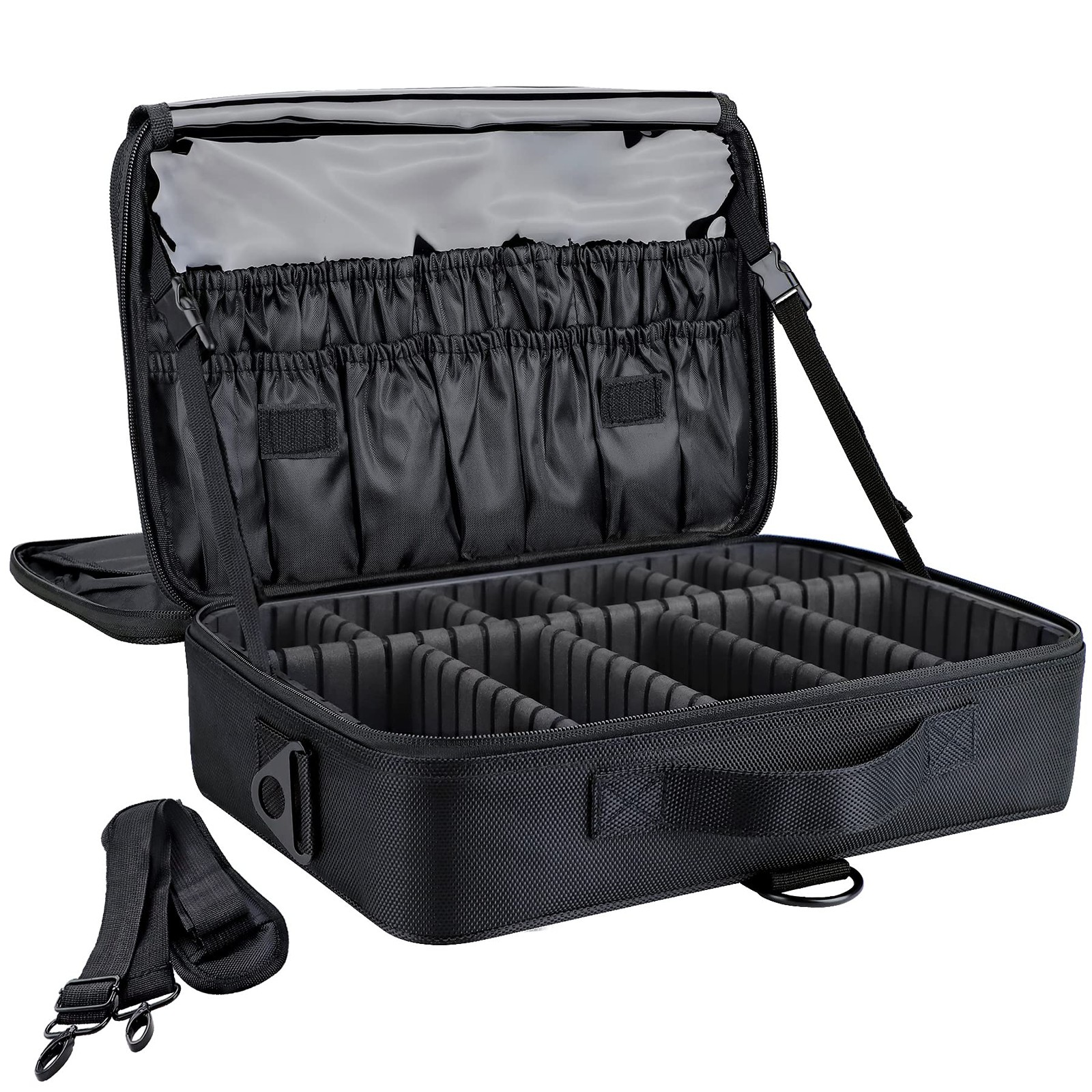 gzcz Travel Makeup Bag,Professional Medium, Black with Shoulder Strap