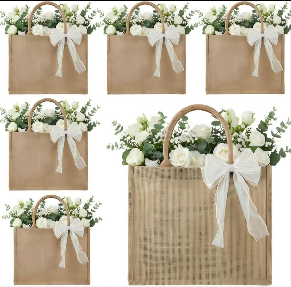 6 PCS Burlap Jute Bridesmaid Tote Bags 15x6x12 Inch PE Lining Organza Bow