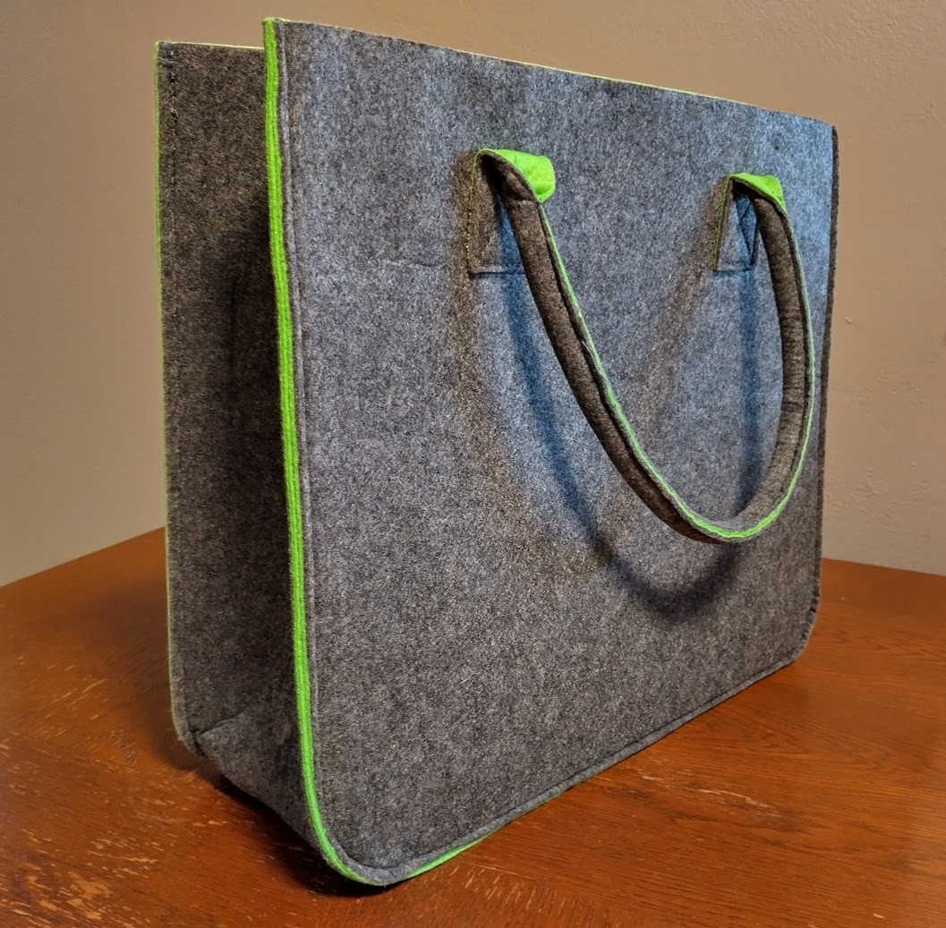 Grey and lime felt reusable shopping bag double handle tote