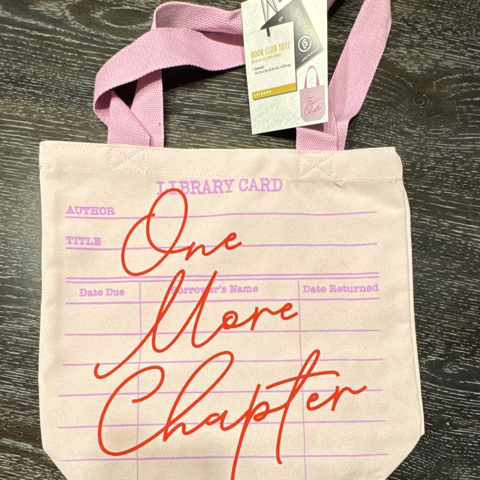 Pink Book Club Tote, Large Cotton Reusable Library Card “One More Chapter”