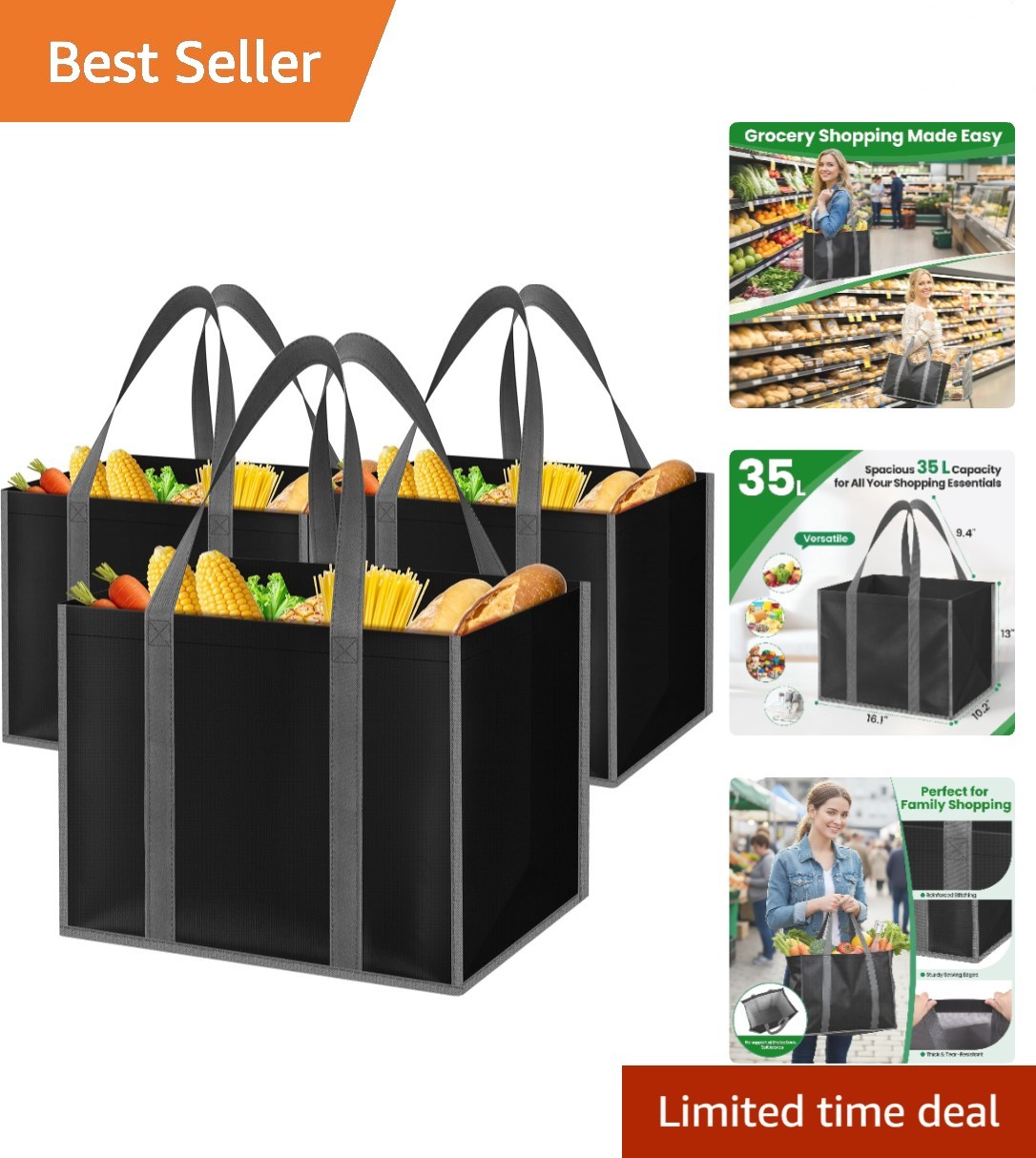 Collapsible Reusable Grocery Bags Heavy-Duty Shopping Tote Box Reinforced Handle