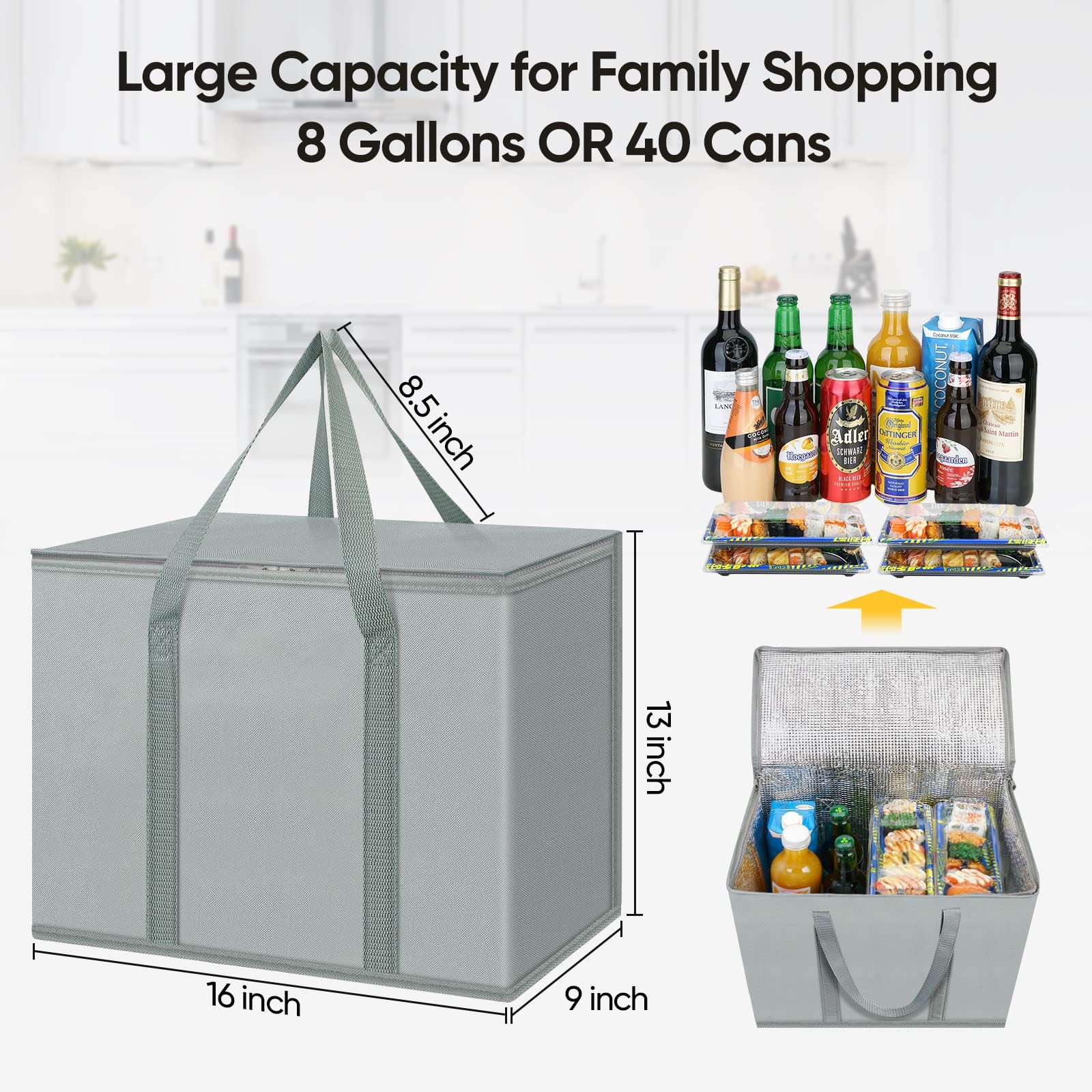 2 PCS 16x9x13 Inch Urban Gray Insulated Reusable Grocery Cooler Tote Bags