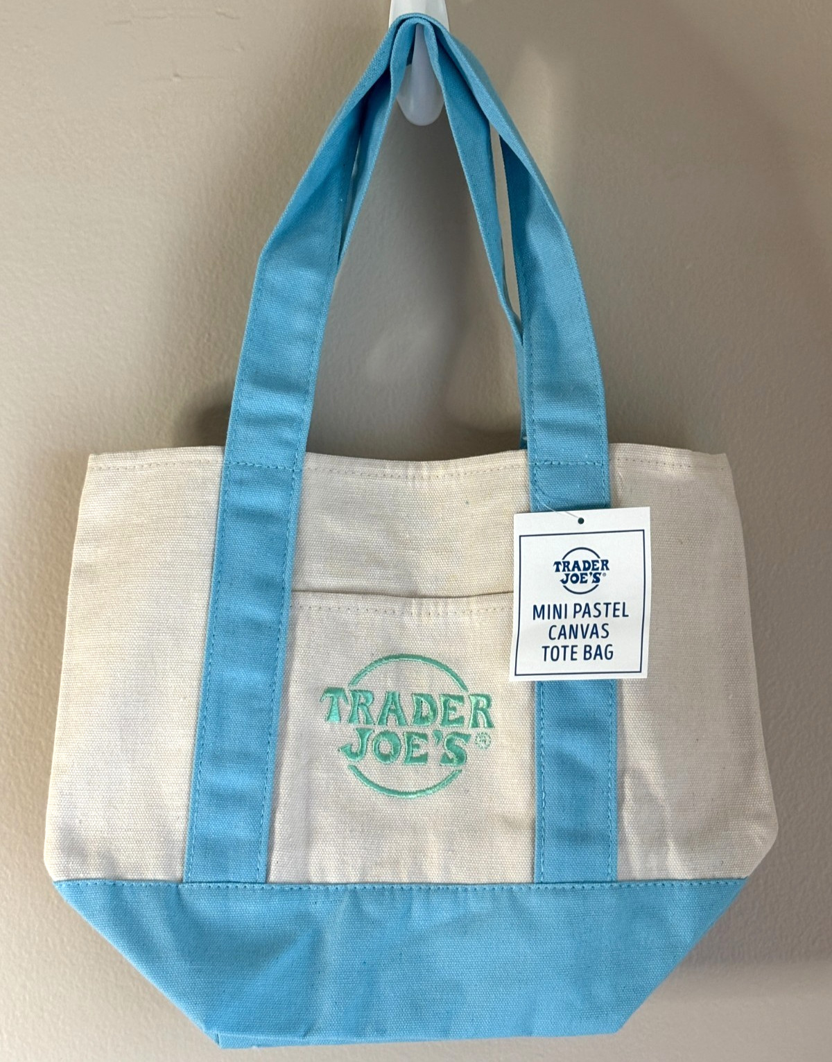 Trader Joe’s Pastel Blue Canvas Mini Tote Bag Embroidered Double Handles