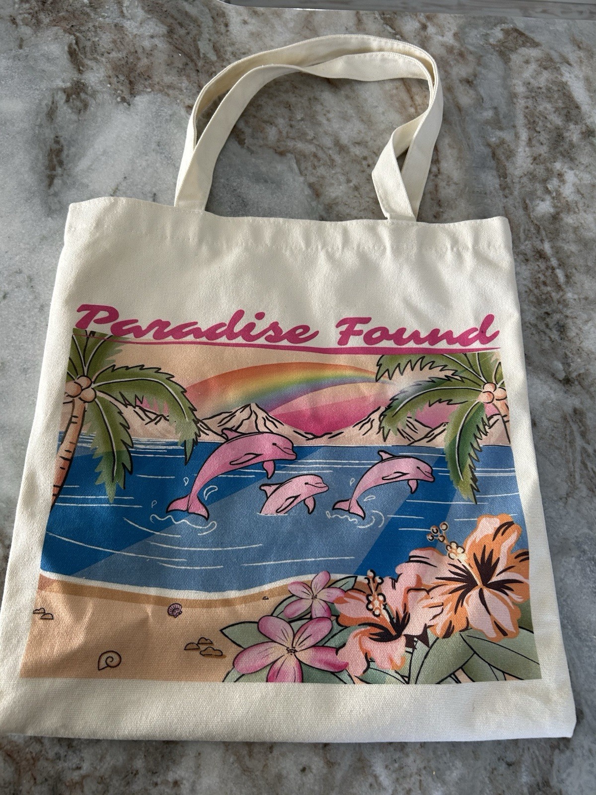 Paradise Found Canvas Foldable Tote Bag Dolphin Floral Print Beige Multicolor