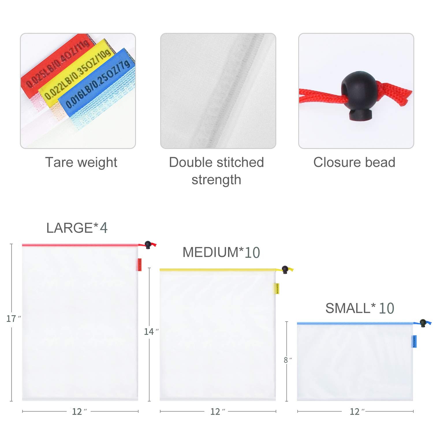 24 Pack See Through Reusable Produce Bags Small Medium Large Set