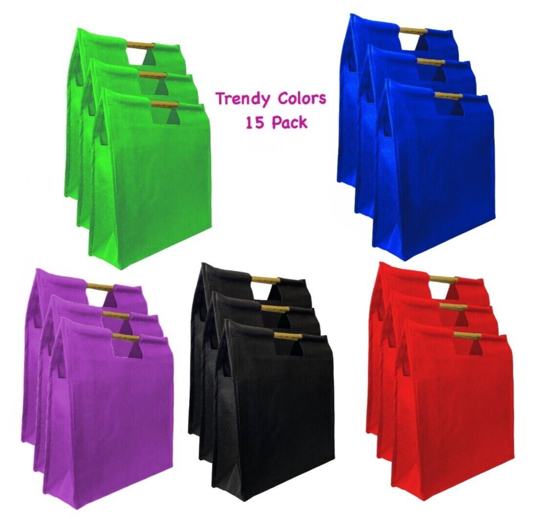 reusable grocery shopping bags wood handle easy carry – pack of 15