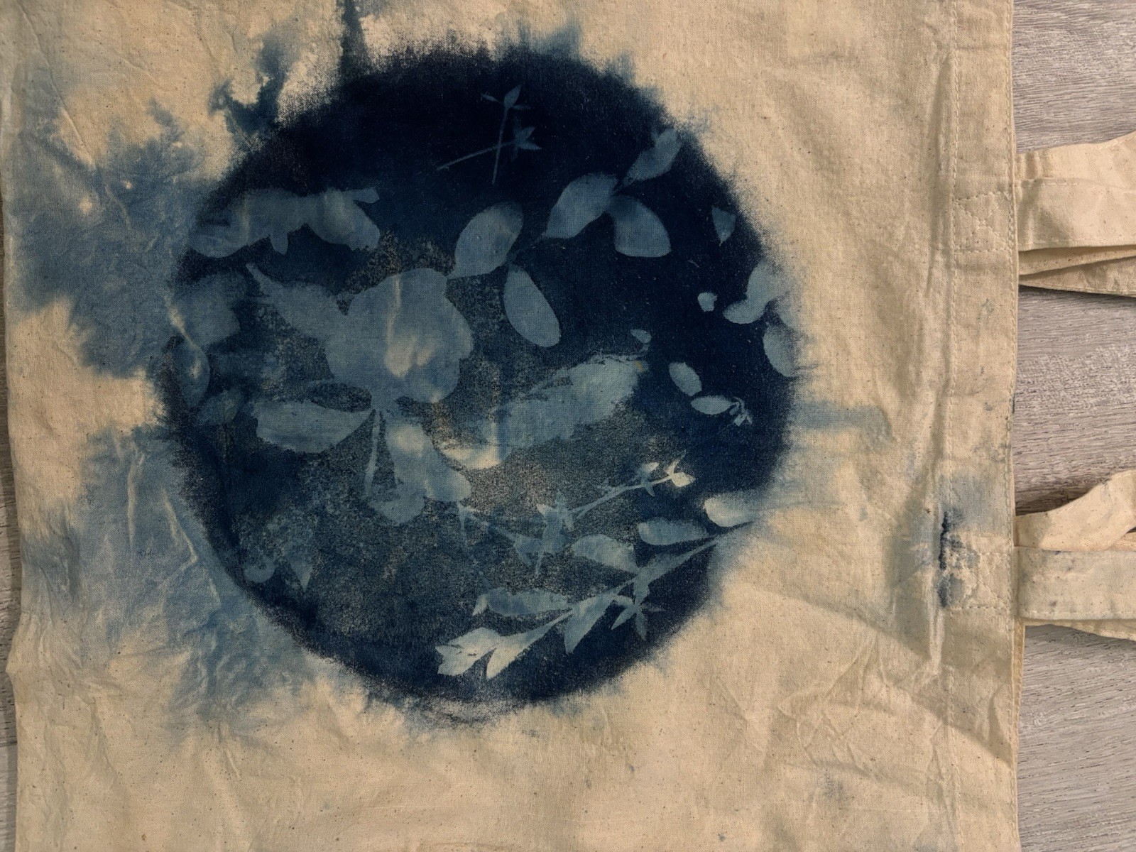 Handmade Cyanotype Botanical Tote Bag – Sun Printed with Real Leaves & Flowers
